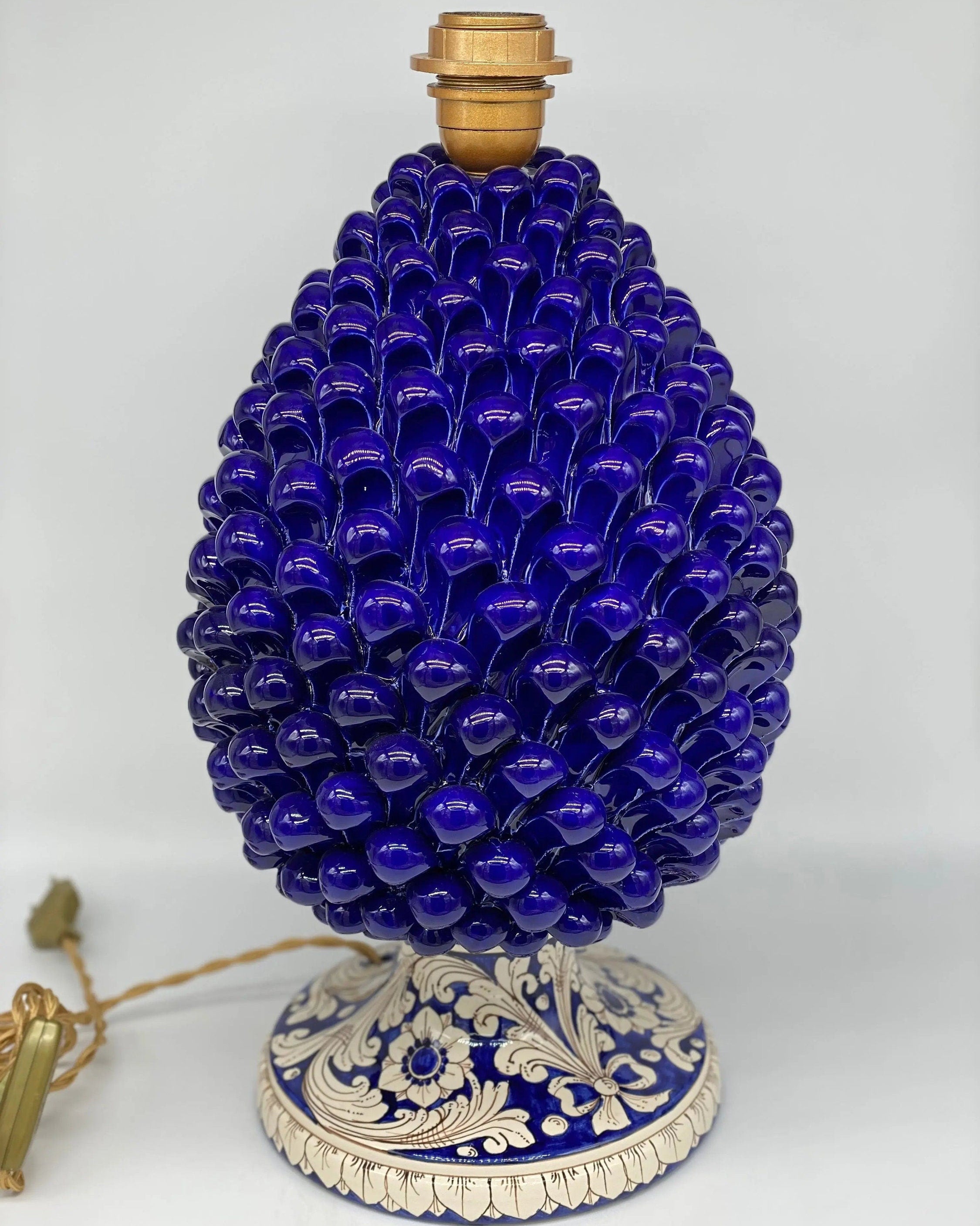 Lampada Pigna Ceramica Caltagirone cm H.40 Artigianale Blu Base Decorata DD CERAMICHE SICILIANE