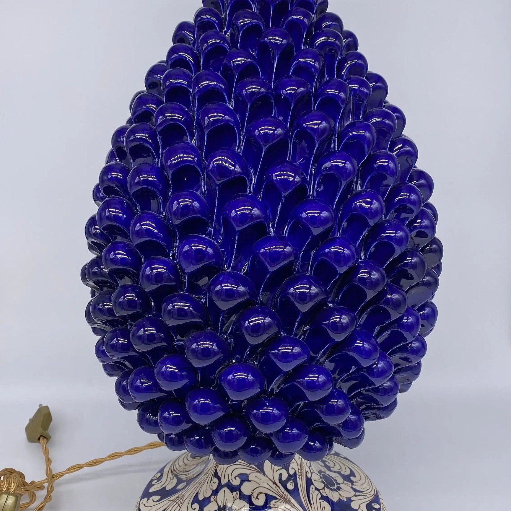 Lampada Pigna Ceramica Caltagirone cm H.40 Artigianale Blu Base Decorata DD CERAMICHE SICILIANE
