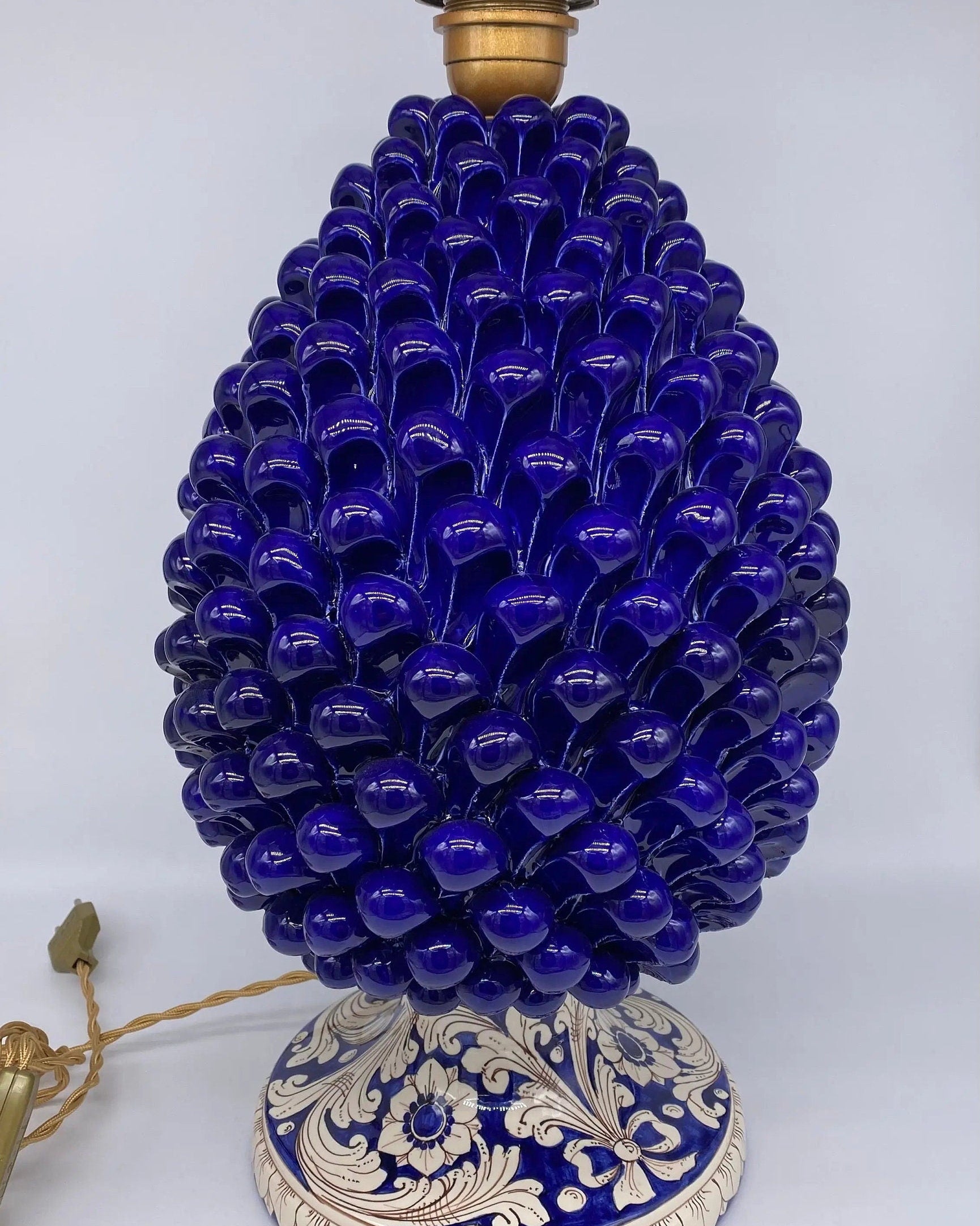 Lampada Pigna Ceramica Caltagirone cm H.40 Artigianale Blu Base Decorata DD CERAMICHE SICILIANE