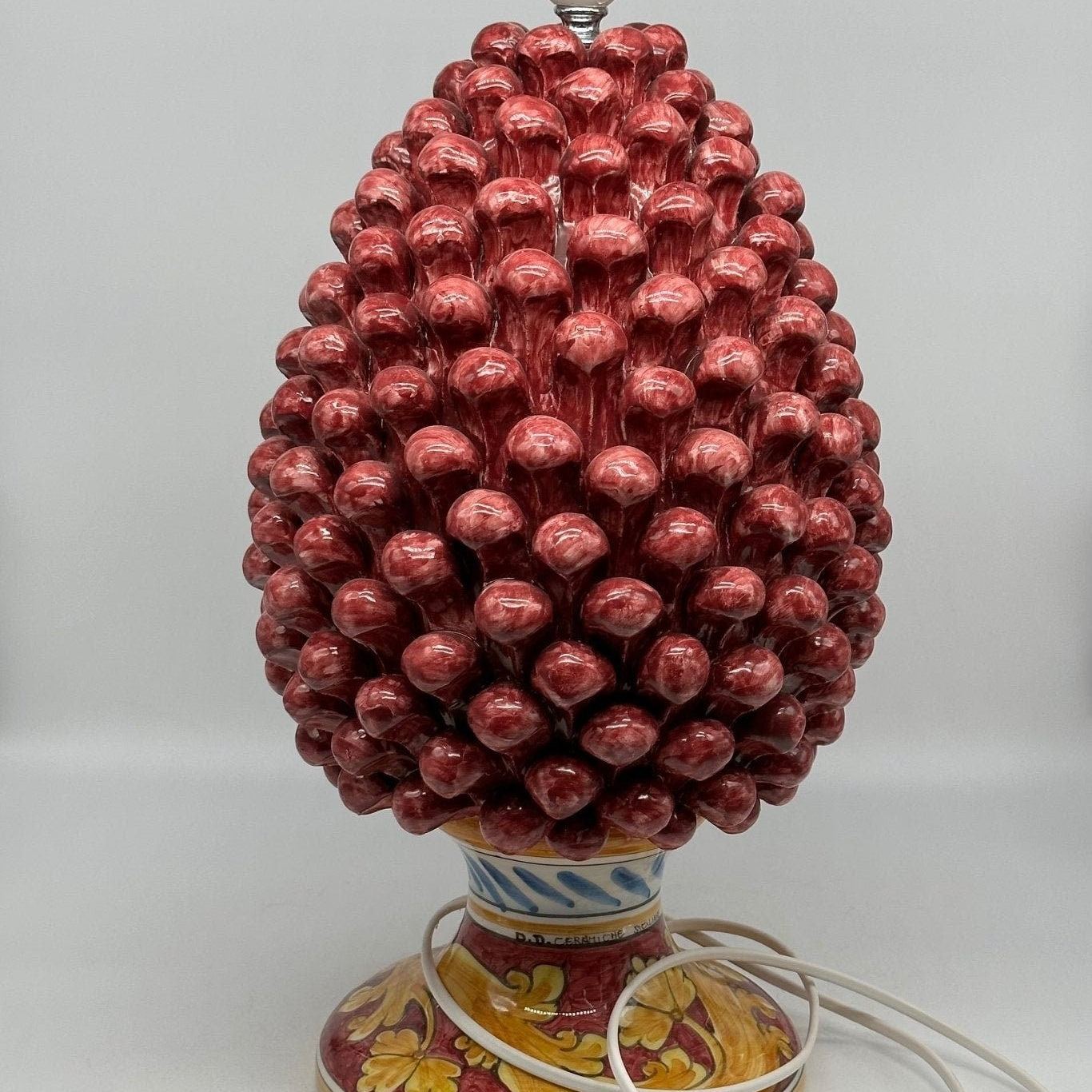 Lampada Pigna Ceramica Caltagirone cm H.40 Artigianale Bordeaux Base Decorata - DD CERAMICHE SICILIANE