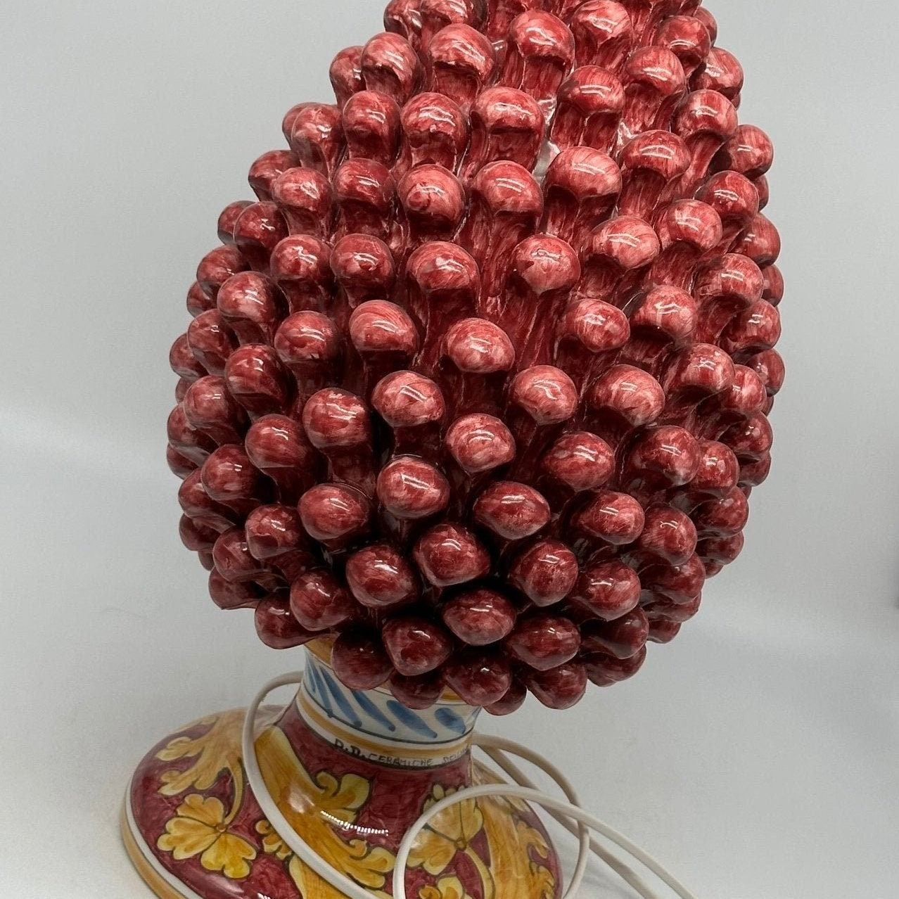 Lampada Pigna Ceramica Caltagirone cm H.40 Artigianale Bordeaux Base Decorata - DD CERAMICHE SICILIANE