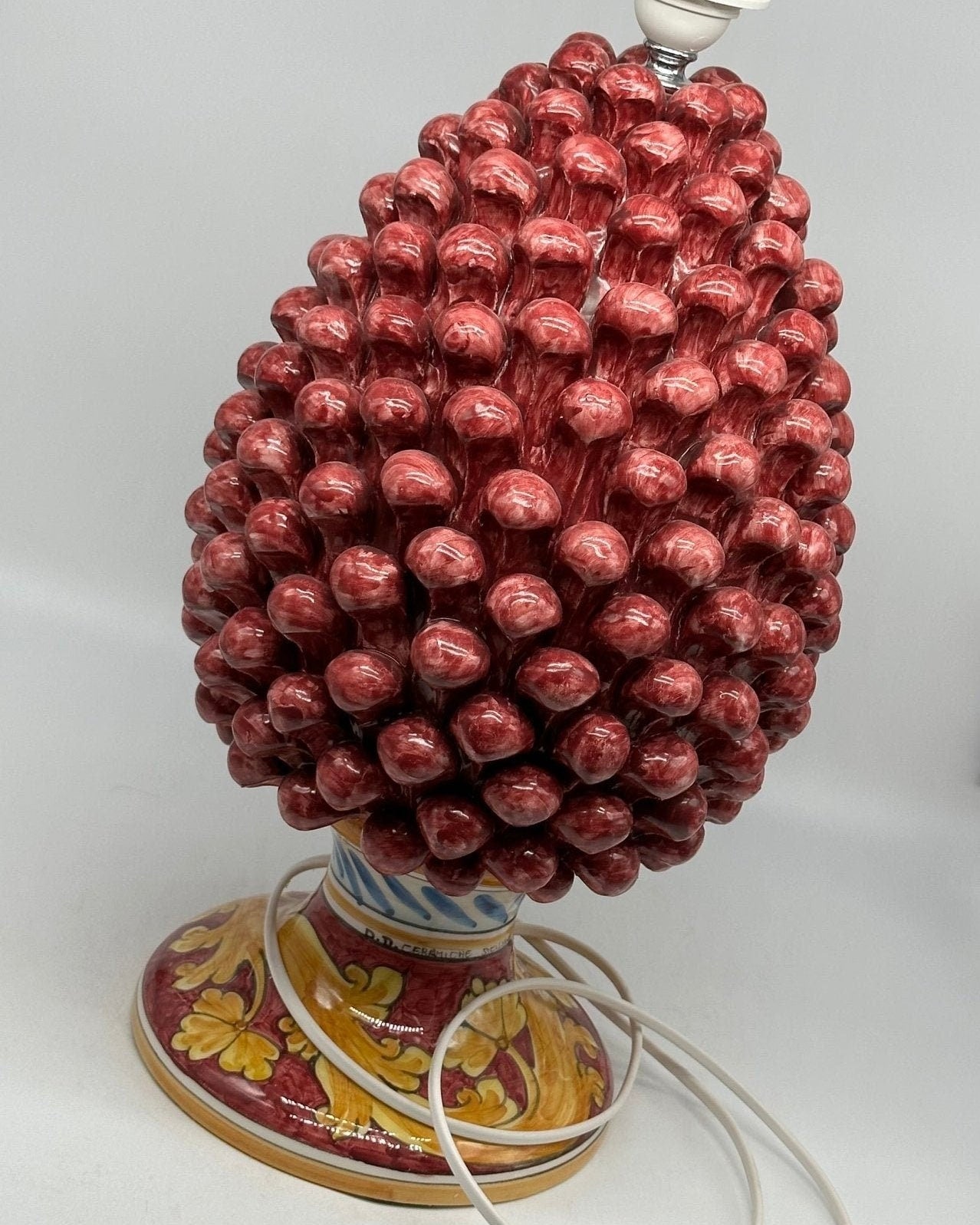 Lampada Pigna Ceramica Caltagirone cm H.40 Artigianale Bordeaux Base Decorata - DD CERAMICHE SICILIANE