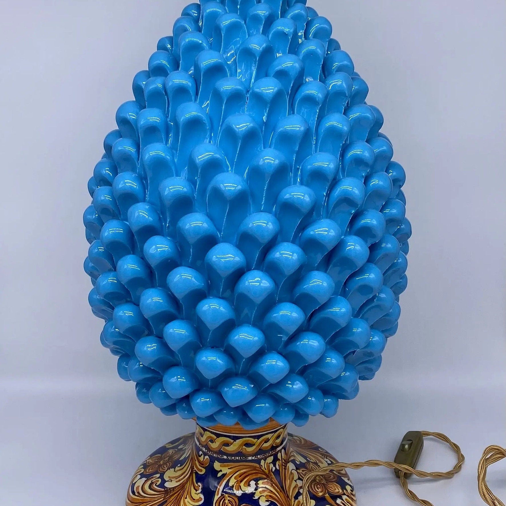 Lampada Pigna Ceramica Caltagirone cm H.40 Artigianale Celeste Base Decorata DD CERAMICHE SICILIANE