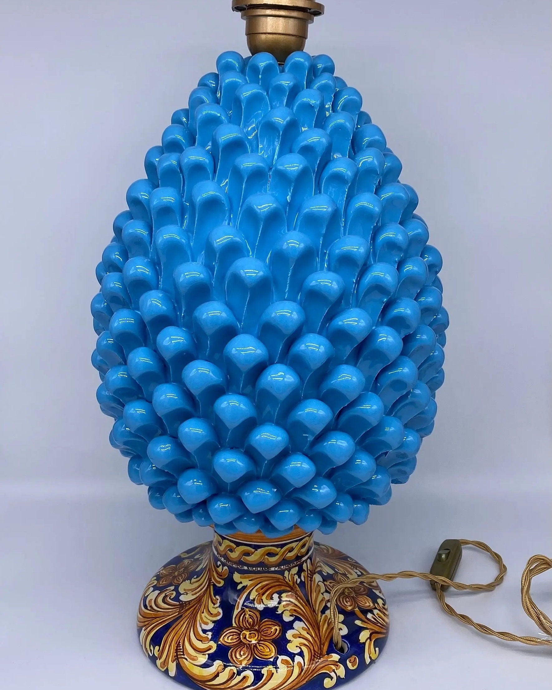 Lampada Pigna Ceramica Caltagirone cm H.40 Artigianale Celeste Base Decorata DD CERAMICHE SICILIANE