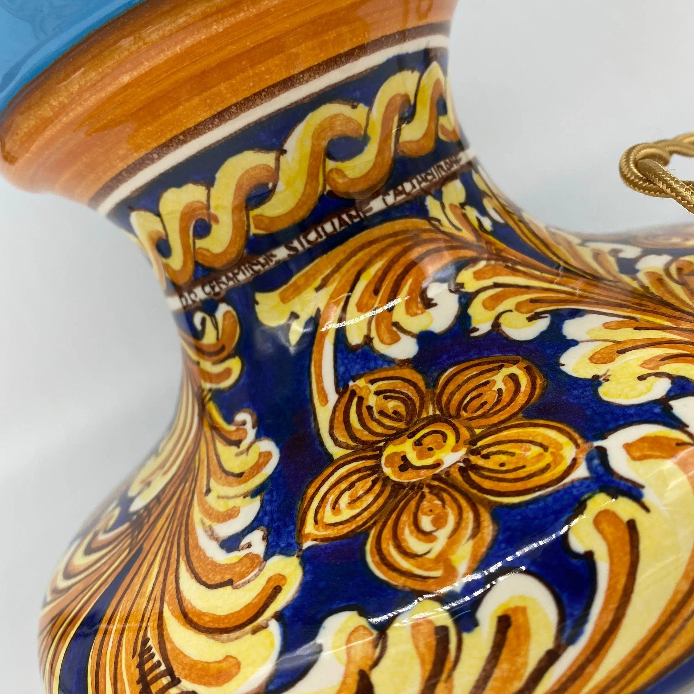 Lampada Pigna Ceramica Caltagirone cm H.40 Artigianale Celeste Base Decorata DD CERAMICHE SICILIANE