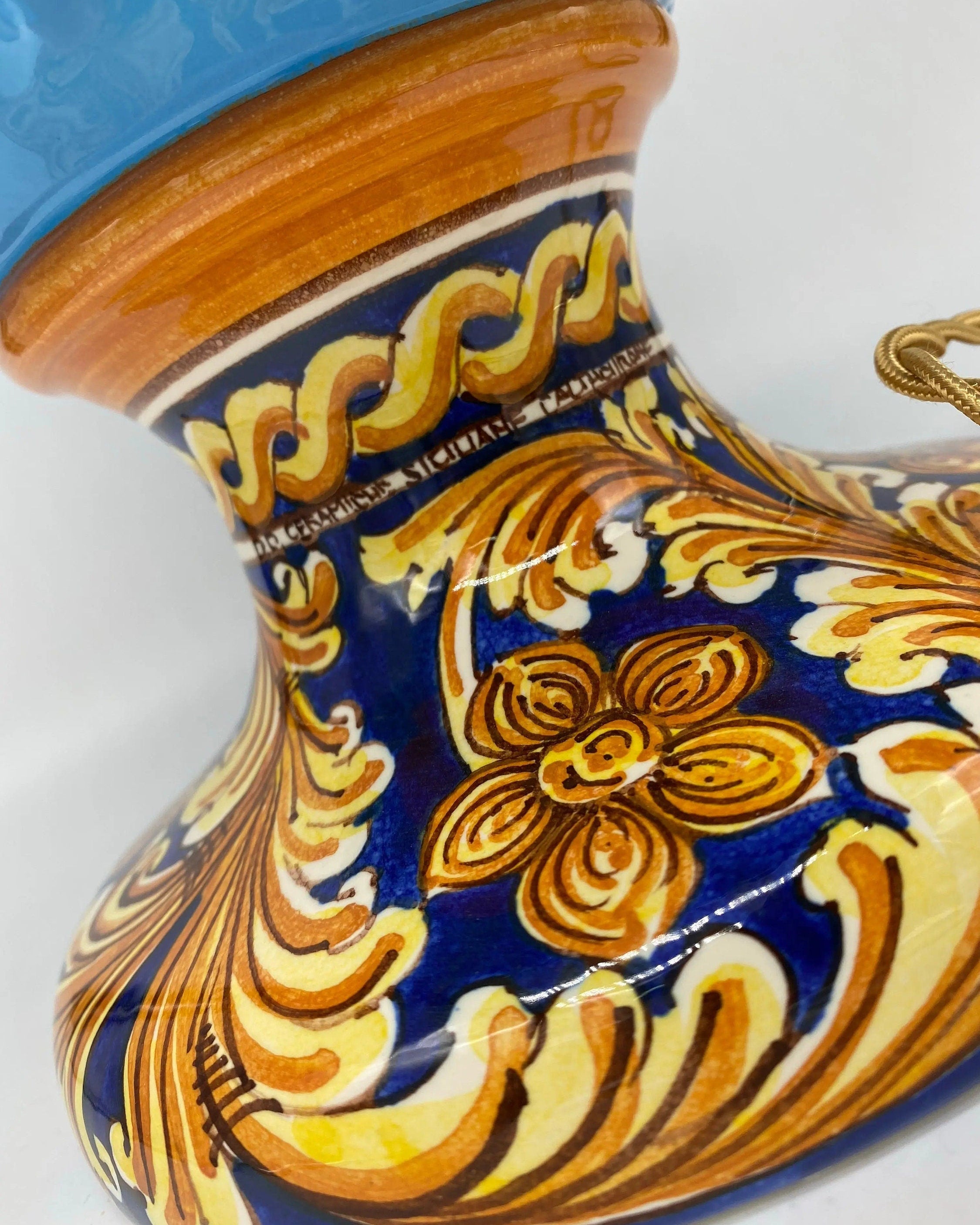 Lampada Pigna Ceramica Caltagirone cm H.40 Artigianale Celeste Base Decorata DD CERAMICHE SICILIANE