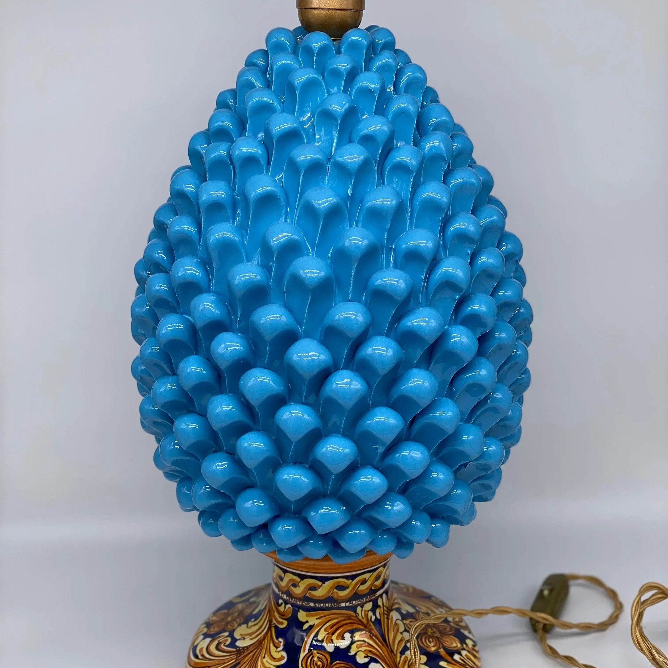 Lampada Pigna Ceramica Caltagirone cm H.40 Artigianale Celeste Base Decorata DD CERAMICHE SICILIANE