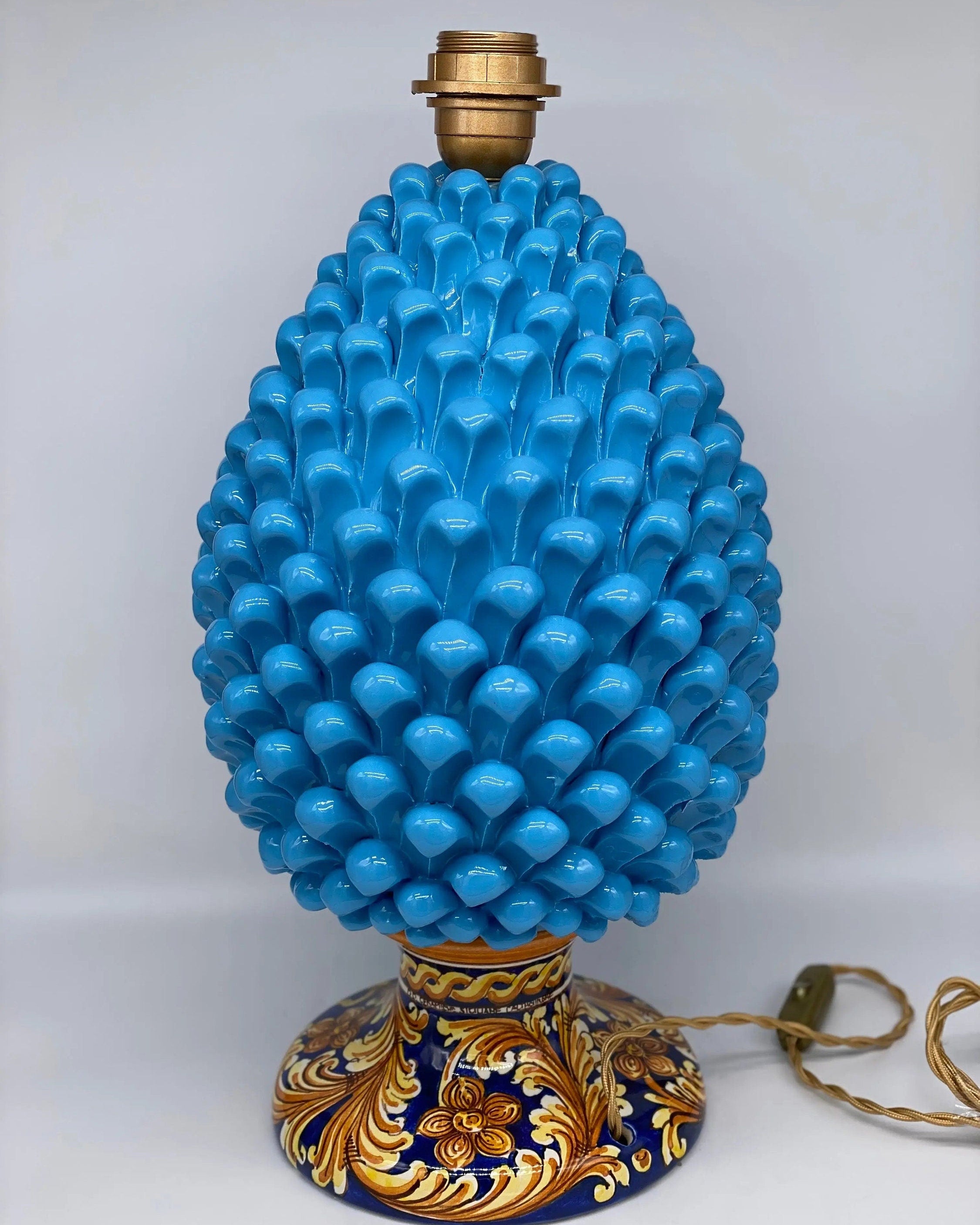 Lampada Pigna Ceramica Caltagirone cm H.40 Artigianale Celeste Base Decorata DD CERAMICHE SICILIANE