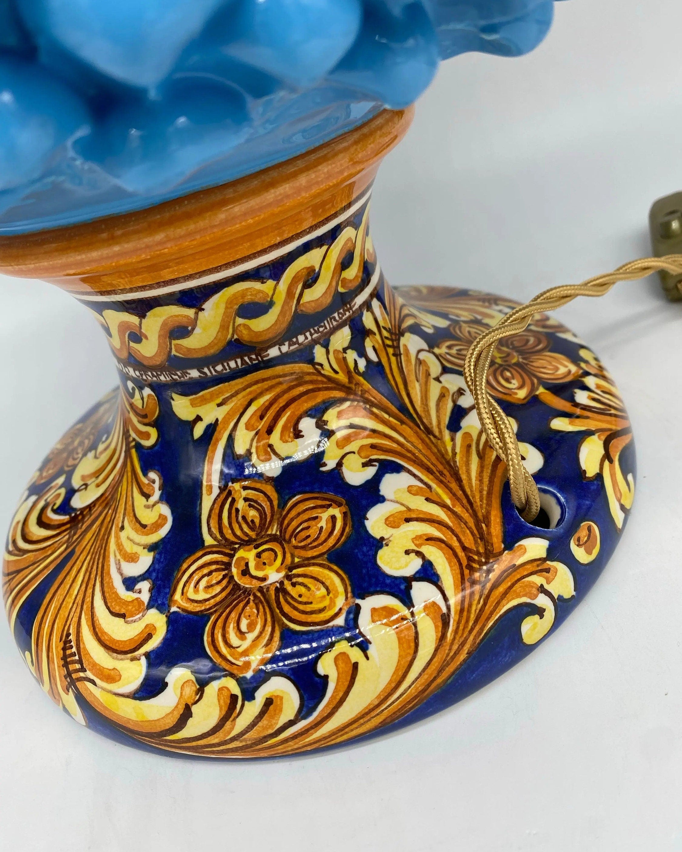 Lampada Pigna Ceramica Caltagirone cm H.40 Artigianale Celeste Base Decorata DD CERAMICHE SICILIANE