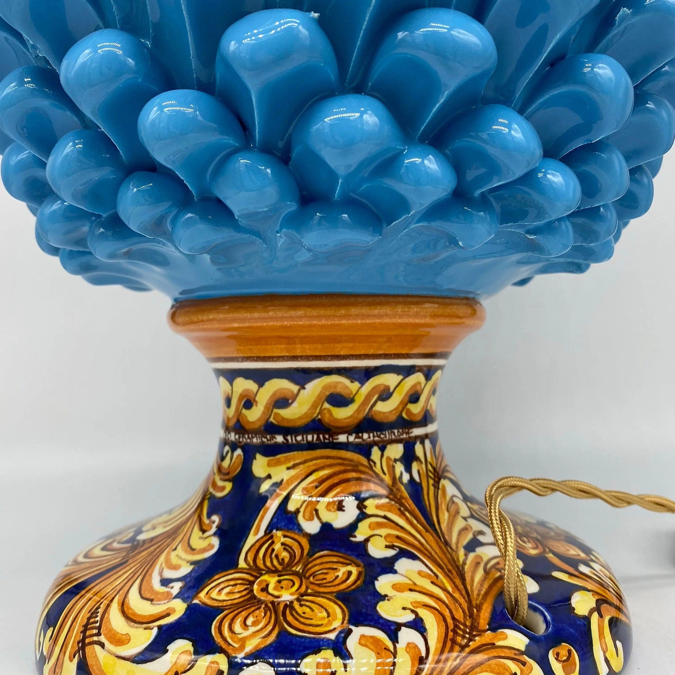 Lampada Pigna Ceramica Caltagirone cm H.40 Artigianale Celeste Base Decorata DD CERAMICHE SICILIANE