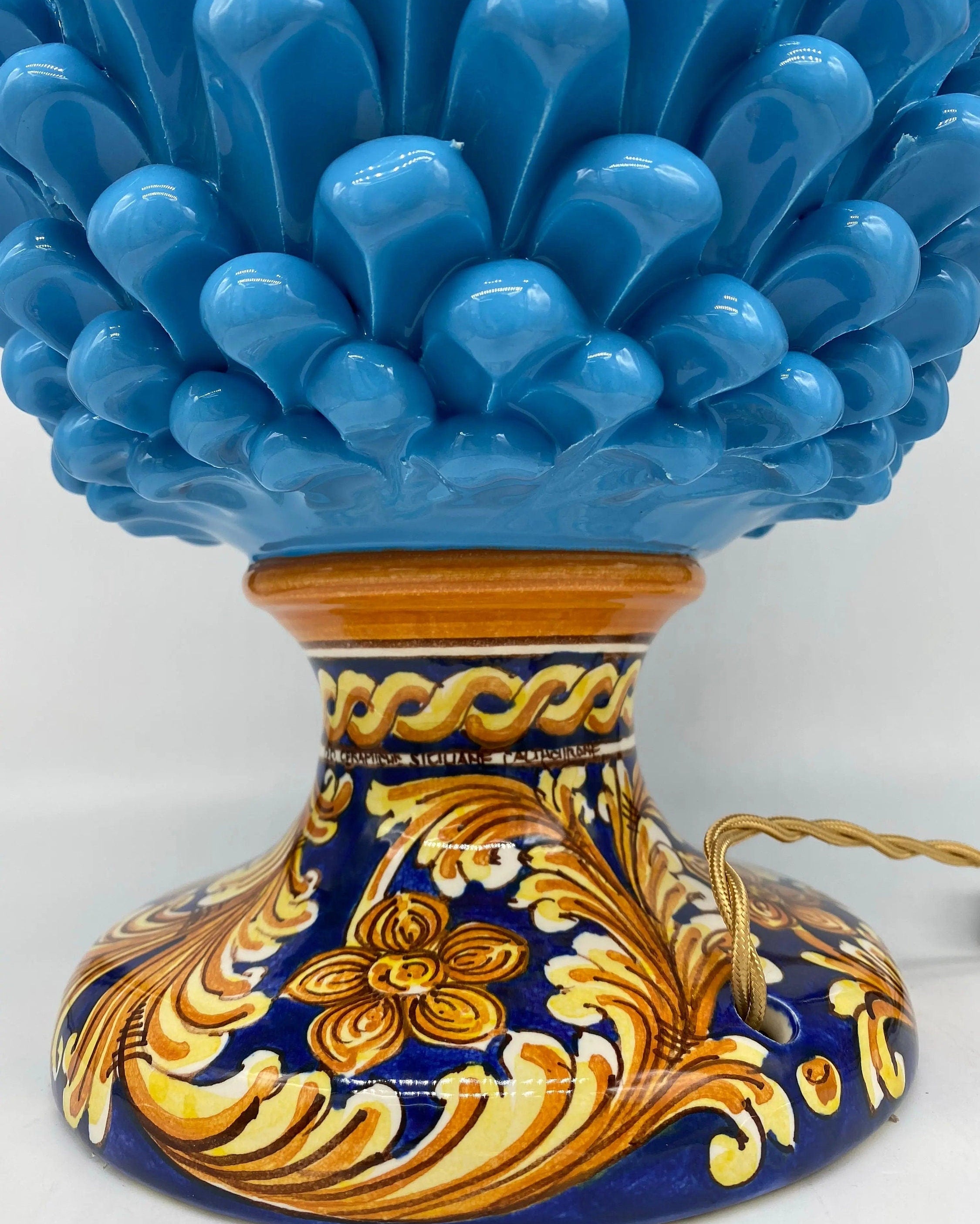 Lampada Pigna Ceramica Caltagirone cm H.40 Artigianale Celeste Base Decorata DD CERAMICHE SICILIANE