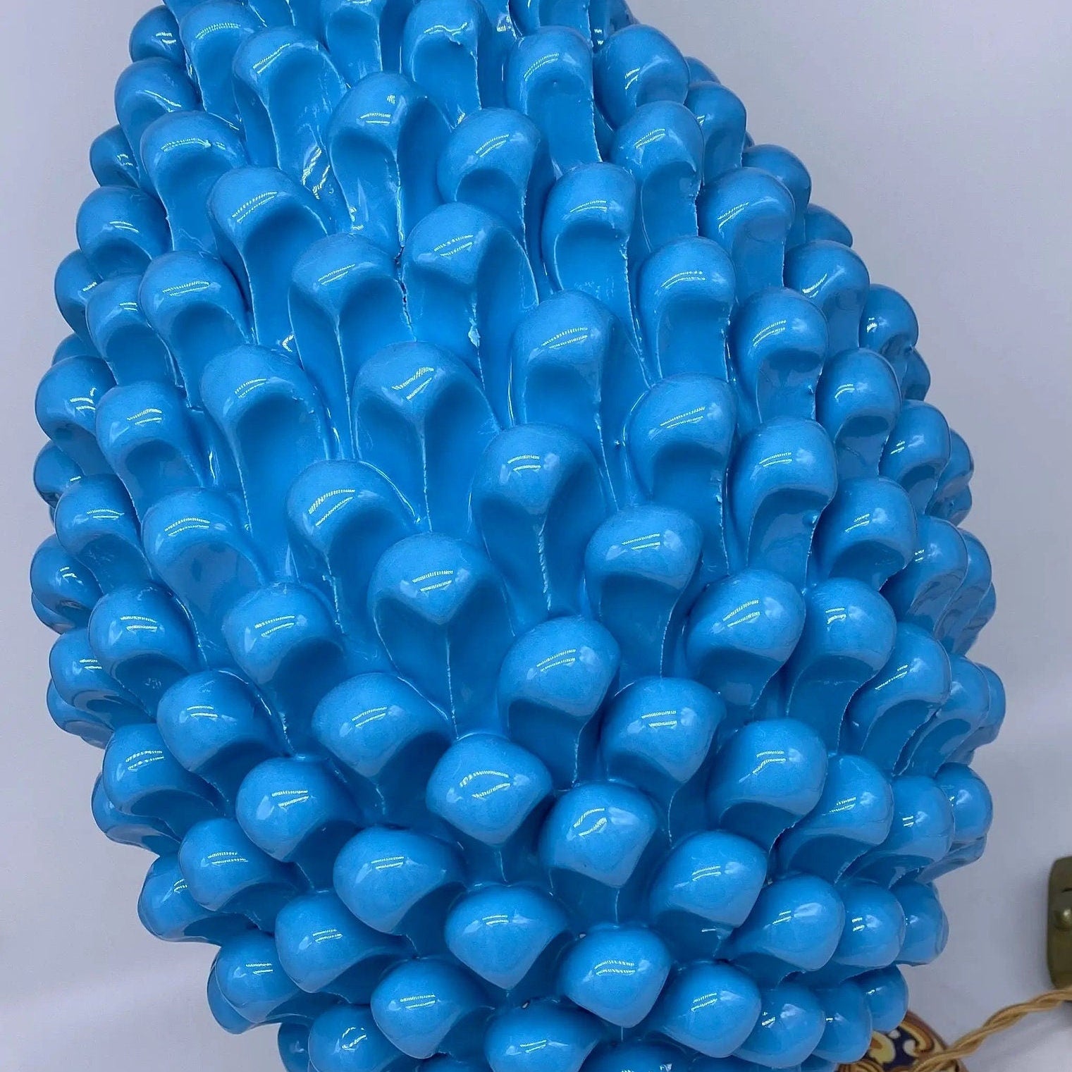 Lampada Pigna Ceramica Caltagirone cm H.40 Artigianale Celeste Base Decorata DD CERAMICHE SICILIANE