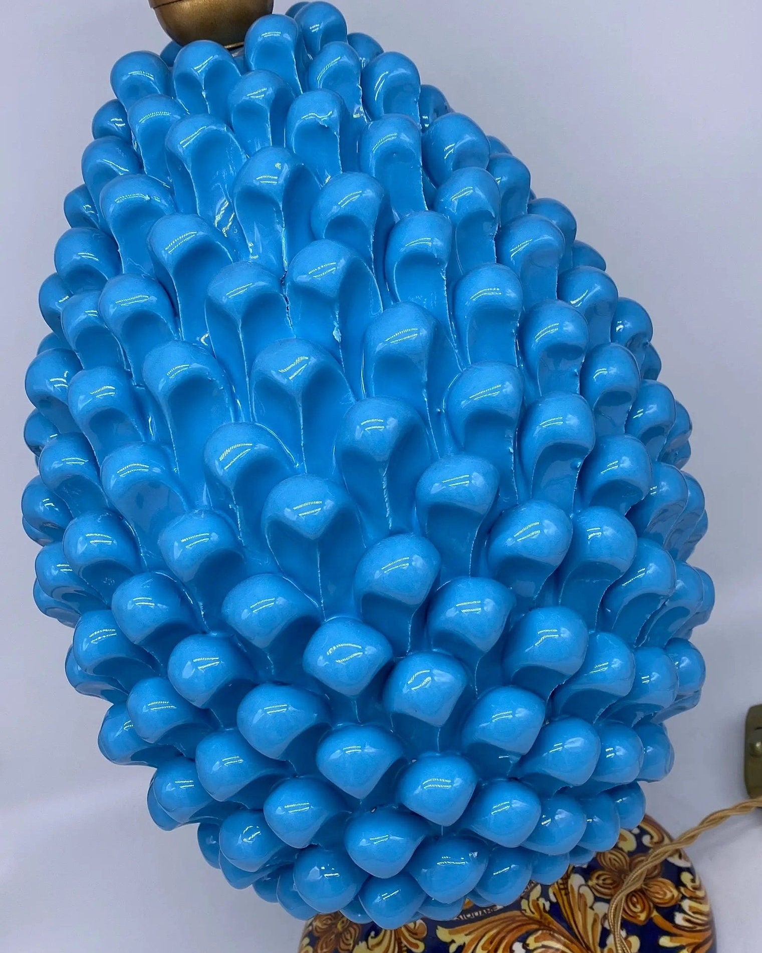 Lampada Pigna Ceramica Caltagirone cm H.40 Artigianale Celeste Base Decorata DD CERAMICHE SICILIANE