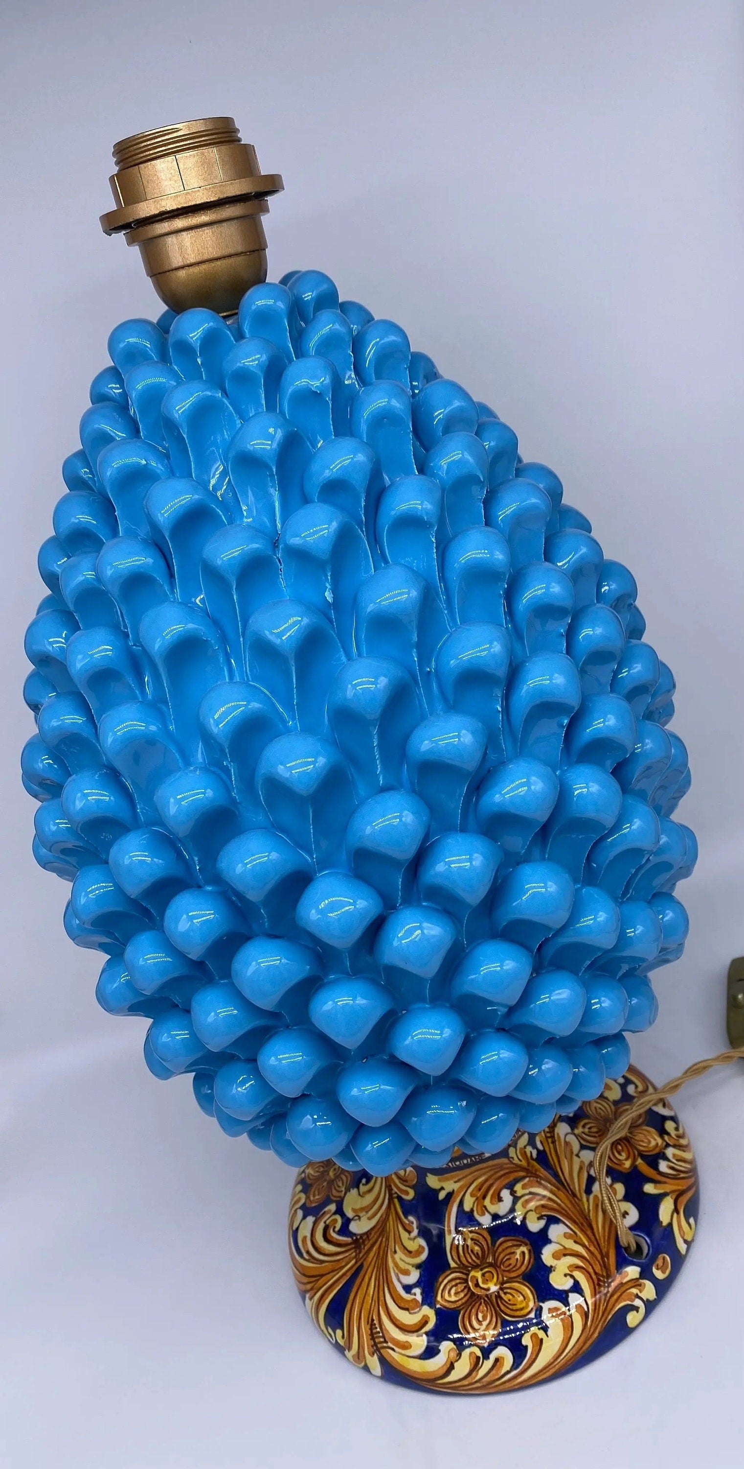 Lampada Pigna Ceramica Caltagirone cm H.40 Artigianale Celeste Base Decorata DD CERAMICHE SICILIANE