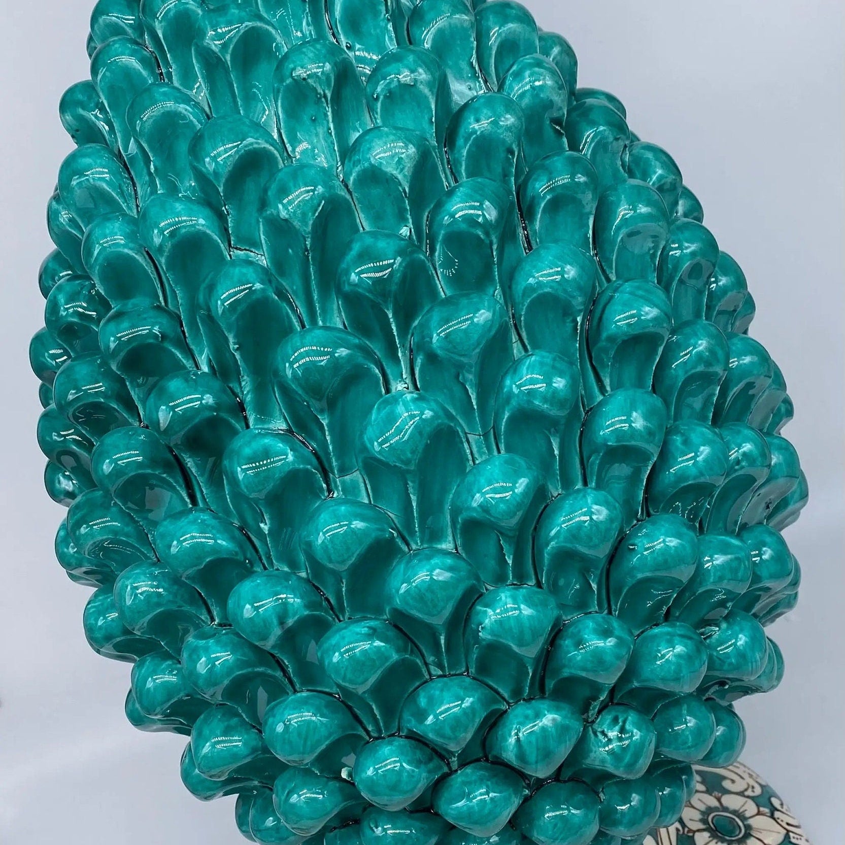Lampada Pigna Ceramica Caltagirone cm H.40 Artigianale Verde Cristallo Base Decorata DD CERAMICHE SICILIANE