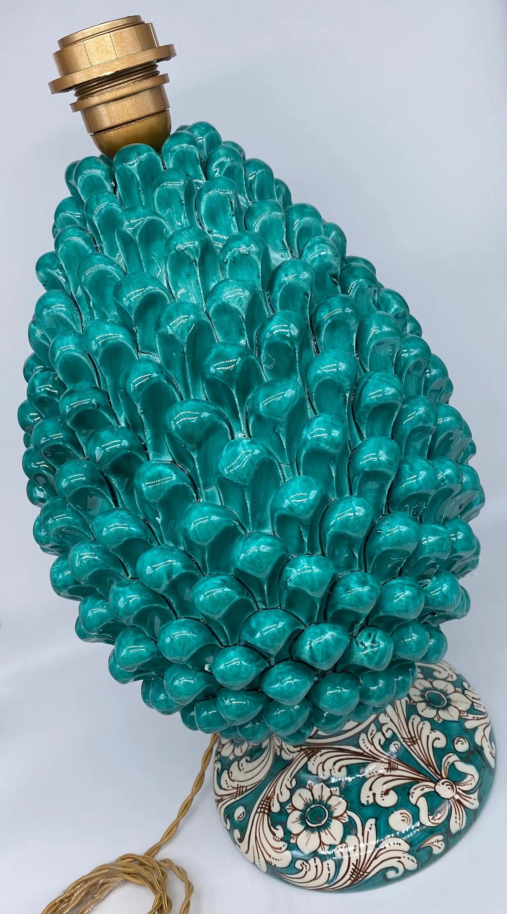 Lampada Pigna Ceramica Caltagirone cm H.40 Artigianale Verde Cristallo Base Decorata DD CERAMICHE SICILIANE