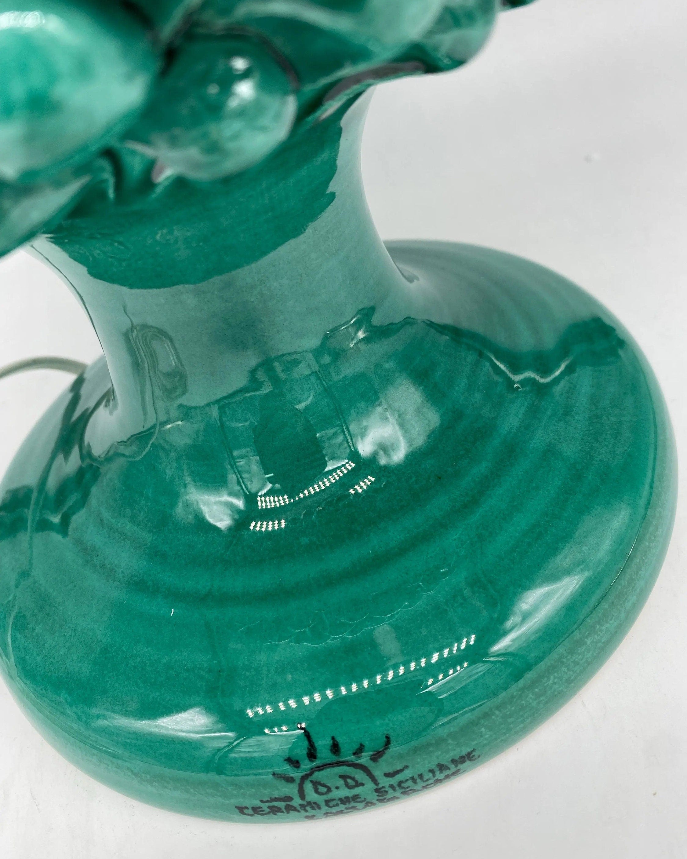 Lampada Pigna Ceramica Caltagirone cm H.40 Artigianale Verde Cristallo Base Decorata DD CERAMICHE SICILIANE