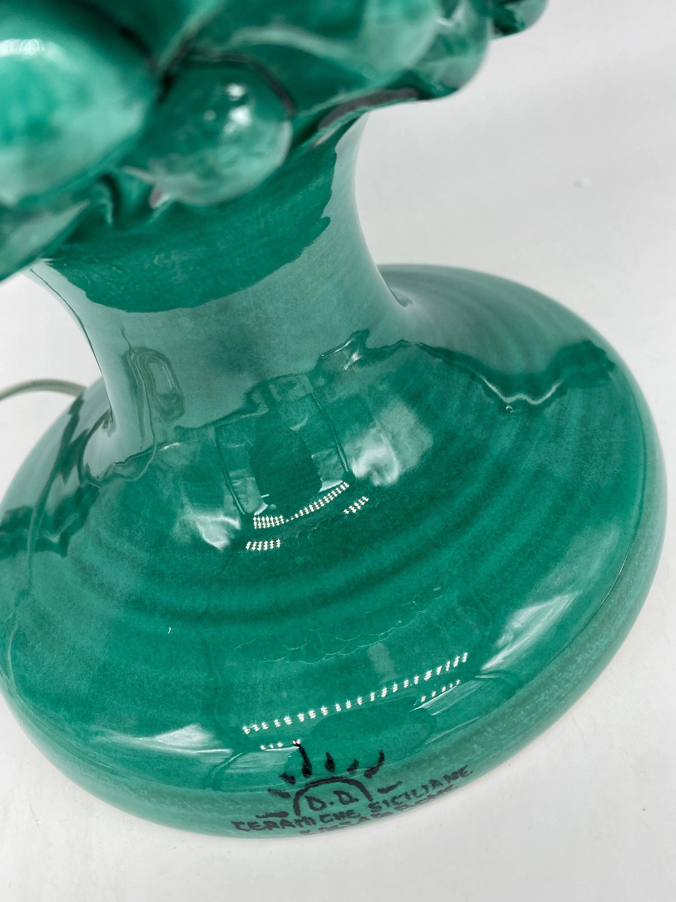 Lampada Pigna Ceramica Caltagirone cm H.40 Artigianale Verde Cristallo Base Decorata DD CERAMICHE SICILIANE