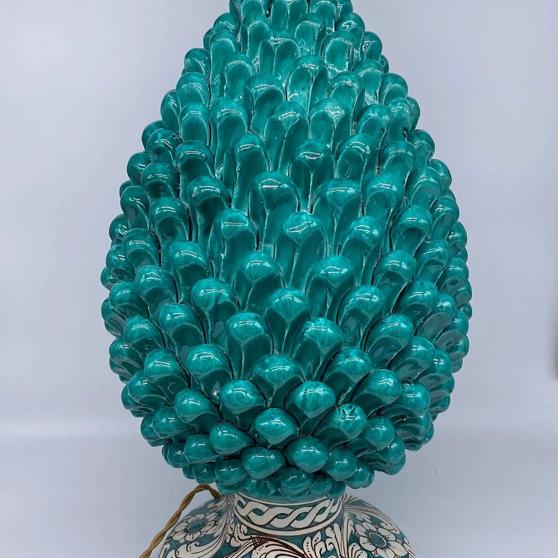 Lampada Pigna Ceramica Caltagirone cm H.40 Artigianale Verde Cristallo Base Decorata DD CERAMICHE SICILIANE