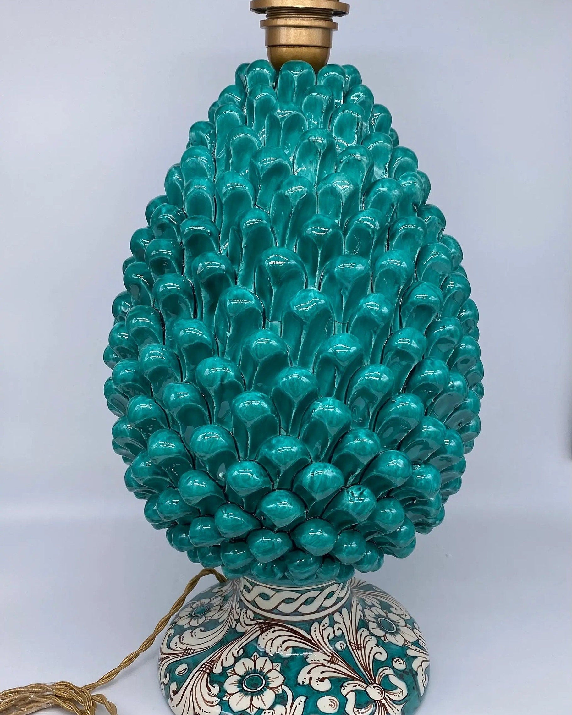 Lampada Pigna Ceramica Caltagirone cm H.40 Artigianale Verde Cristallo Base Decorata DD CERAMICHE SICILIANE