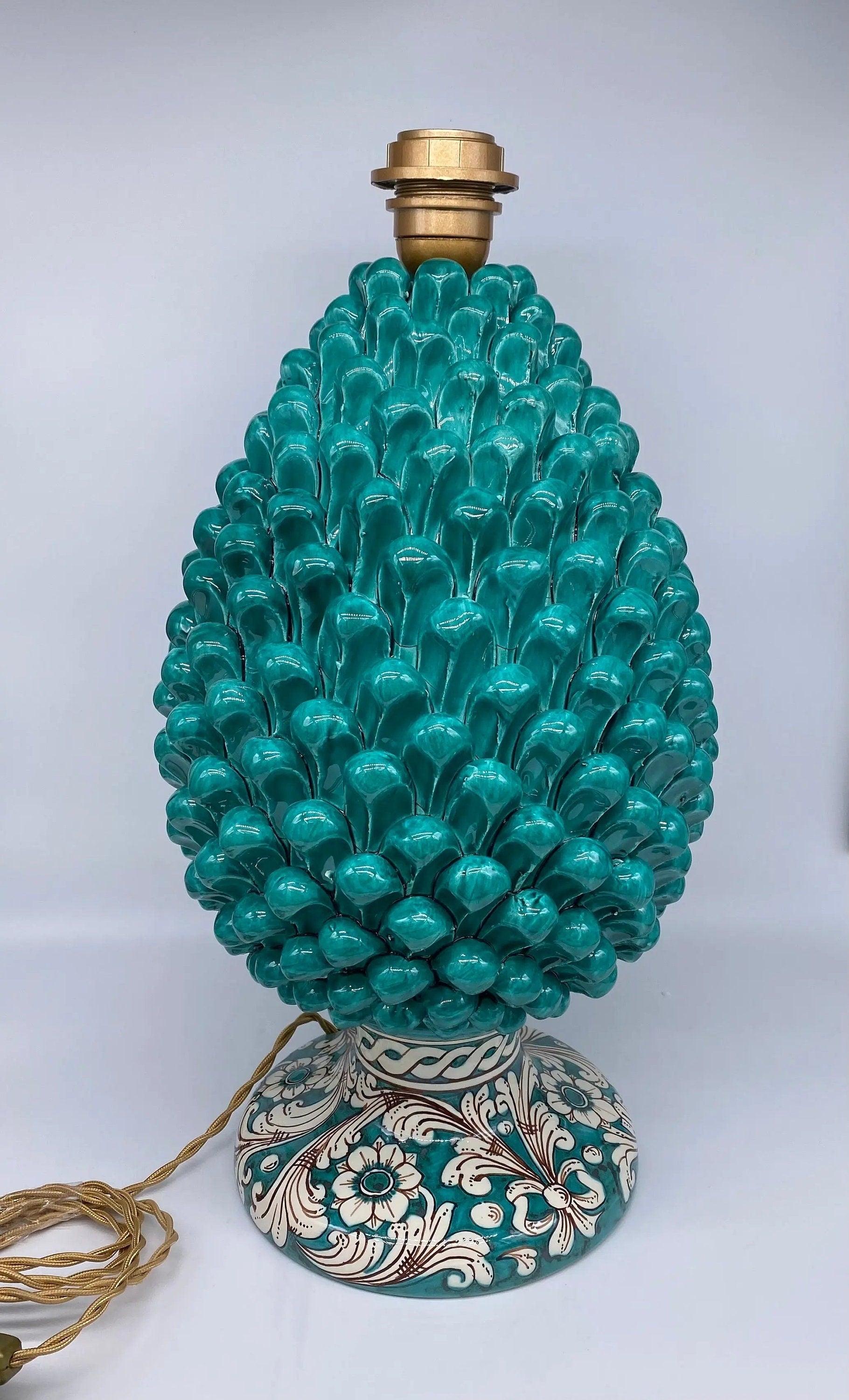 Lampada Pigna Ceramica Caltagirone cm H.40 Artigianale Verde Cristallo Base Decorata DD CERAMICHE SICILIANE