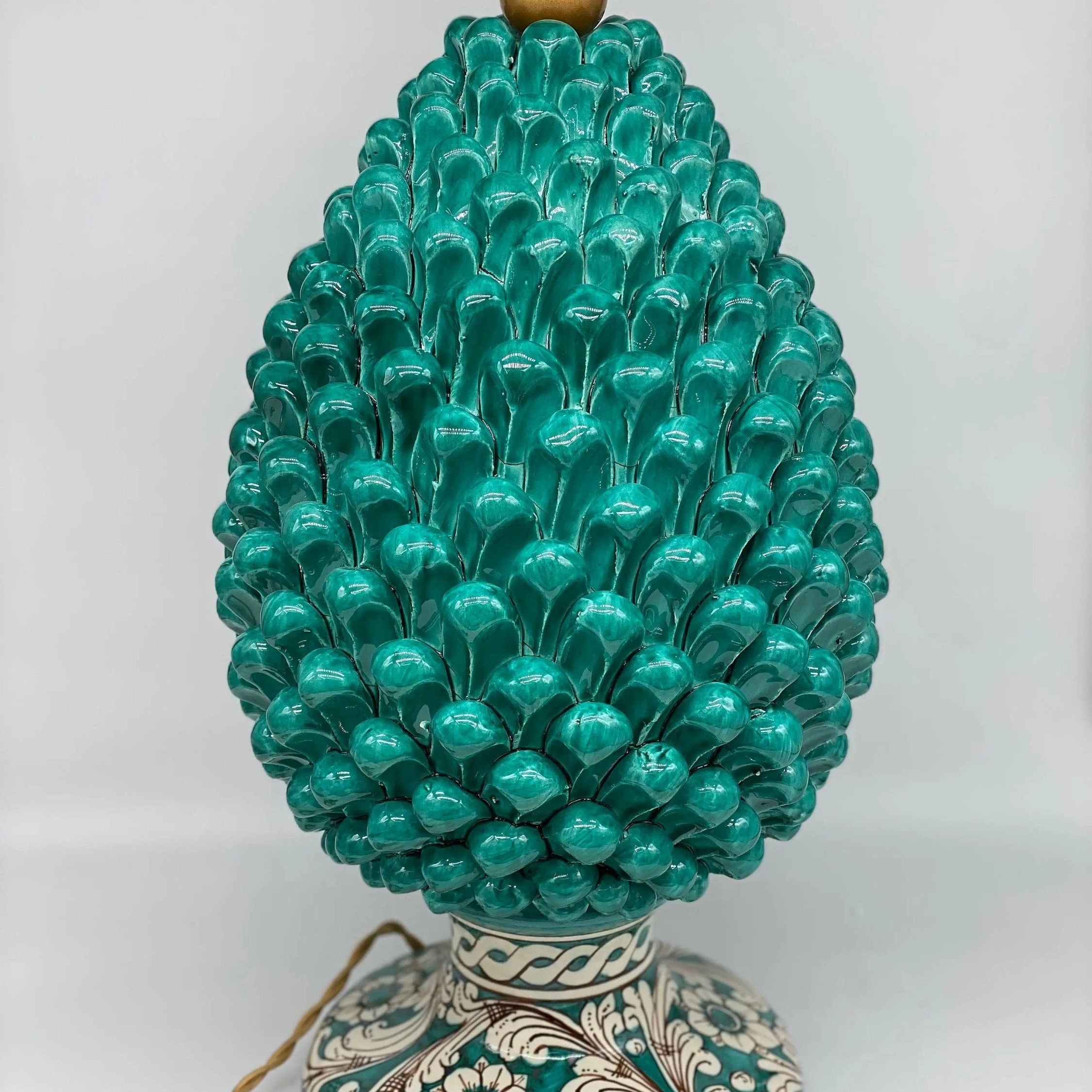 Lampada Pigna Ceramica Caltagirone cm H.40 Artigianale Verde Cristallo Base Decorata DD CERAMICHE SICILIANE