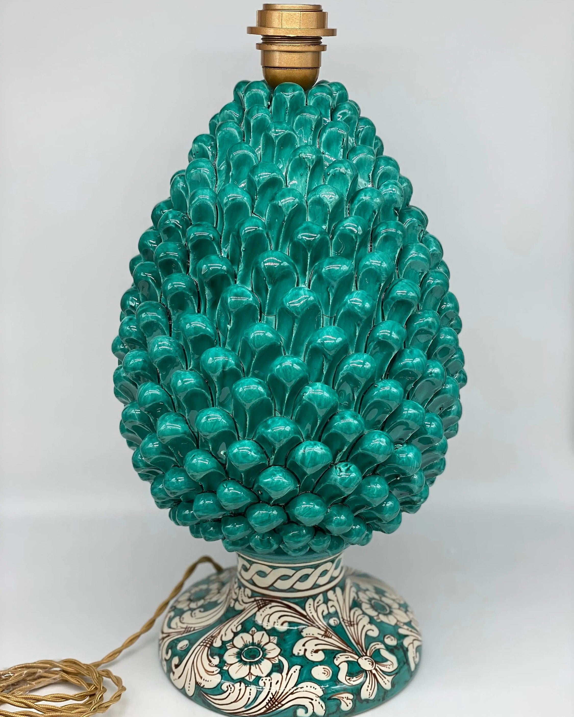 Lampada Pigna Ceramica Caltagirone cm H.40 Artigianale Verde Cristallo Base Decorata DD CERAMICHE SICILIANE