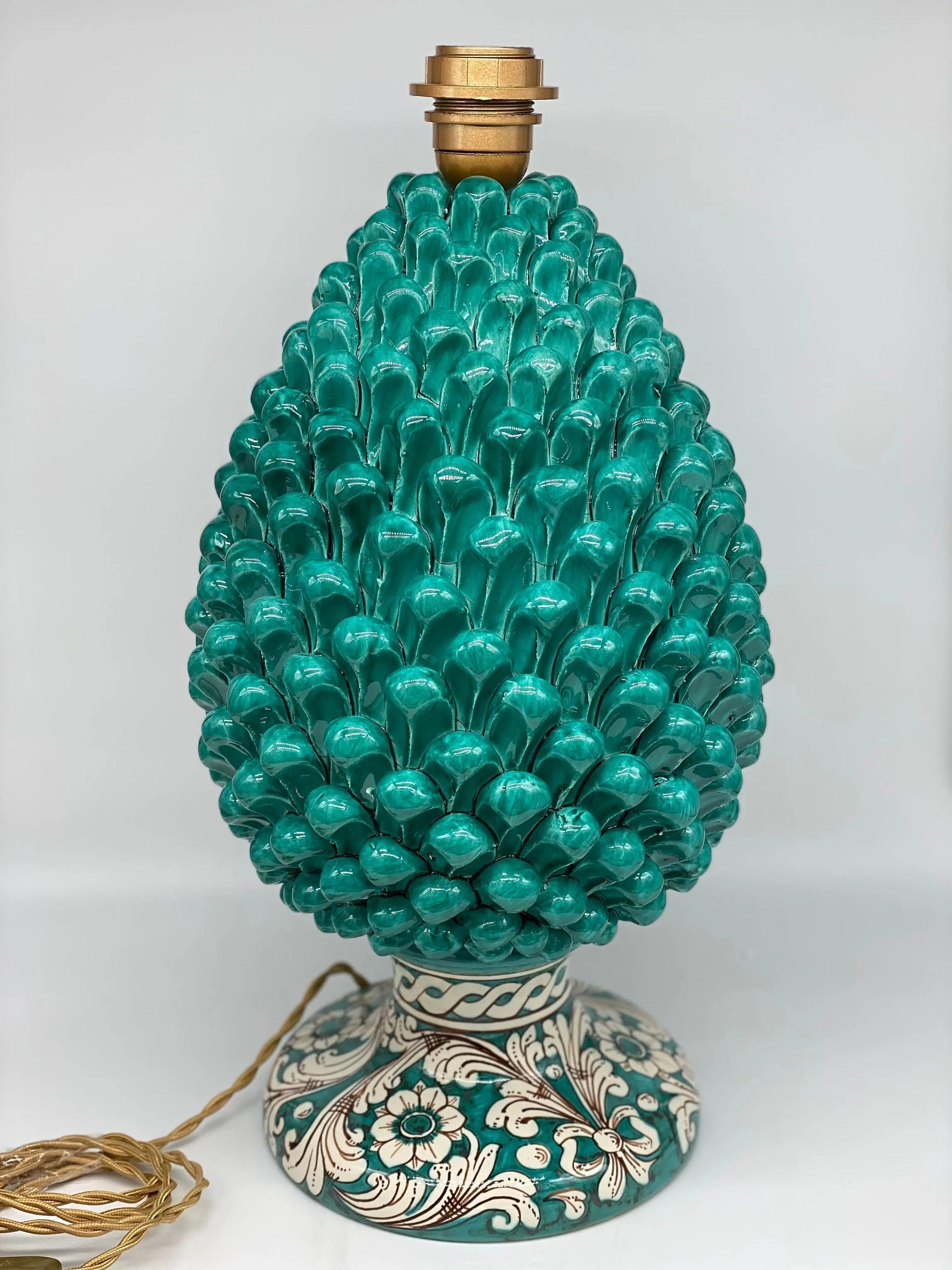 Lampada Pigna Ceramica Caltagirone cm H.40 Artigianale Verde Cristallo Base Decorata DD CERAMICHE SICILIANE