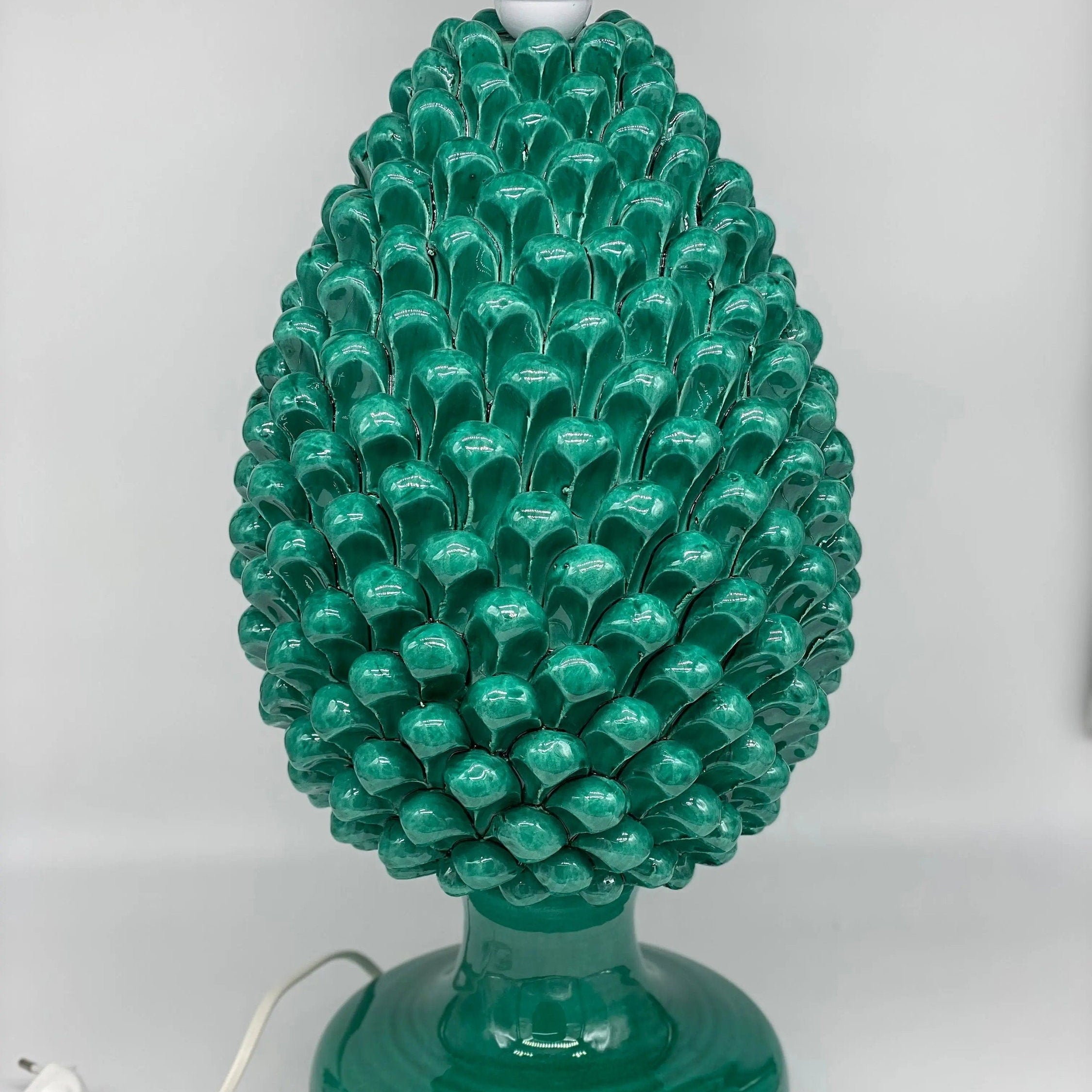 Lampada Pigna Ceramica Caltagirone cm H.40 Artigianale Verde Cristallo Base Decorata DD CERAMICHE SICILIANE