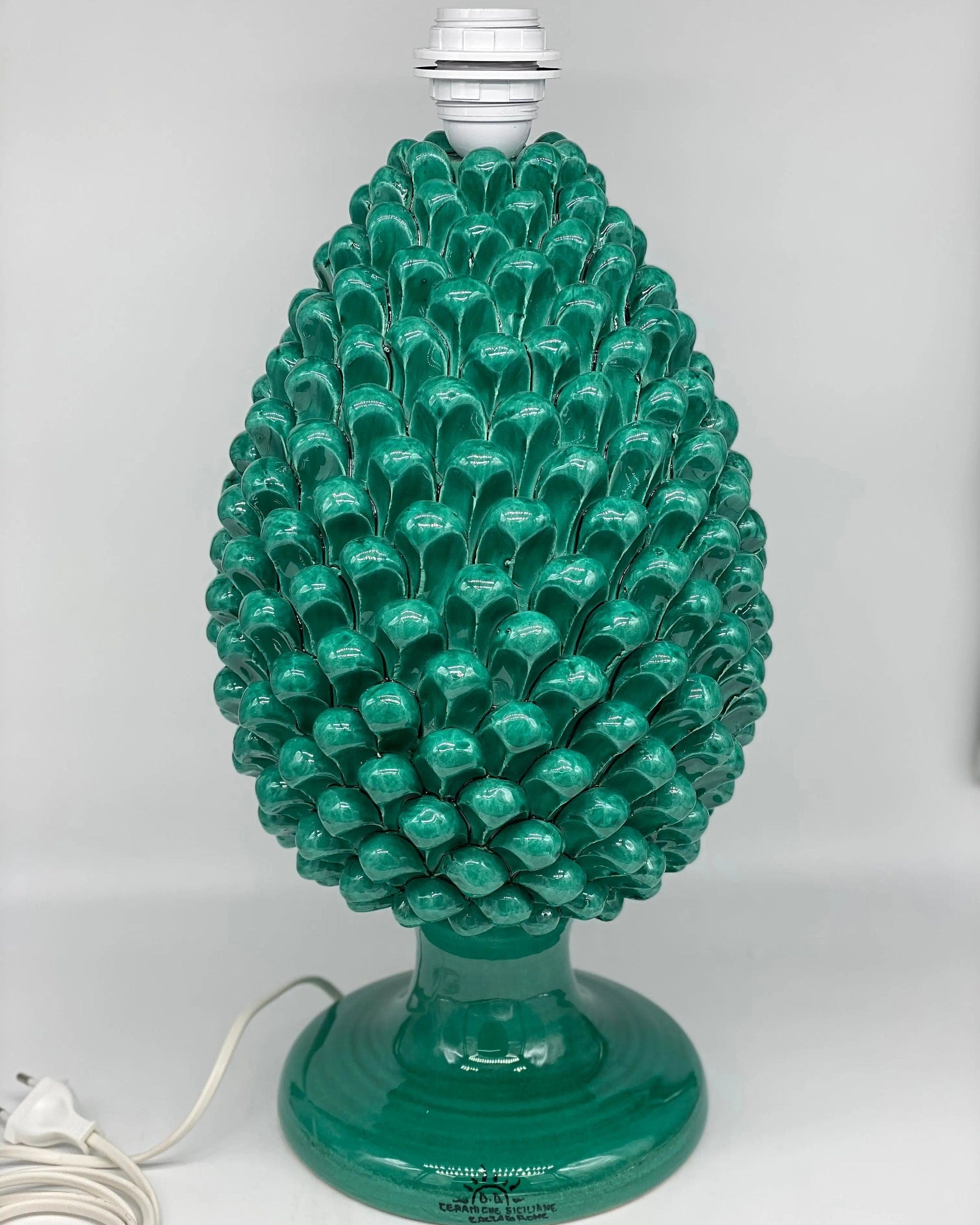 Lampada Pigna Ceramica Caltagirone cm H.40 Artigianale Verde Cristallo Base Decorata DD CERAMICHE SICILIANE