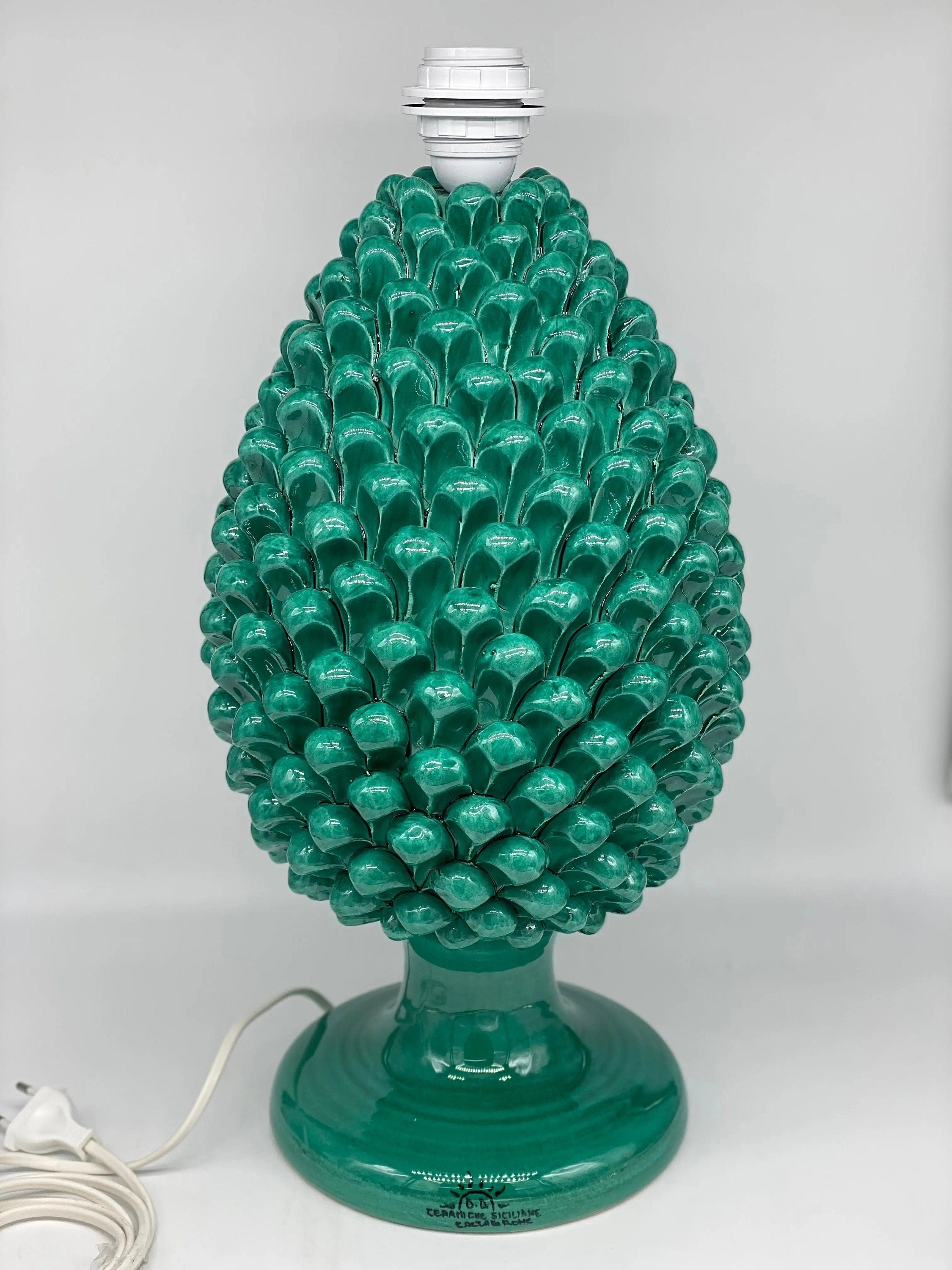 Lampada Pigna Ceramica Caltagirone cm H.40 Artigianale Verde Cristallo Base Decorata DD CERAMICHE SICILIANE
