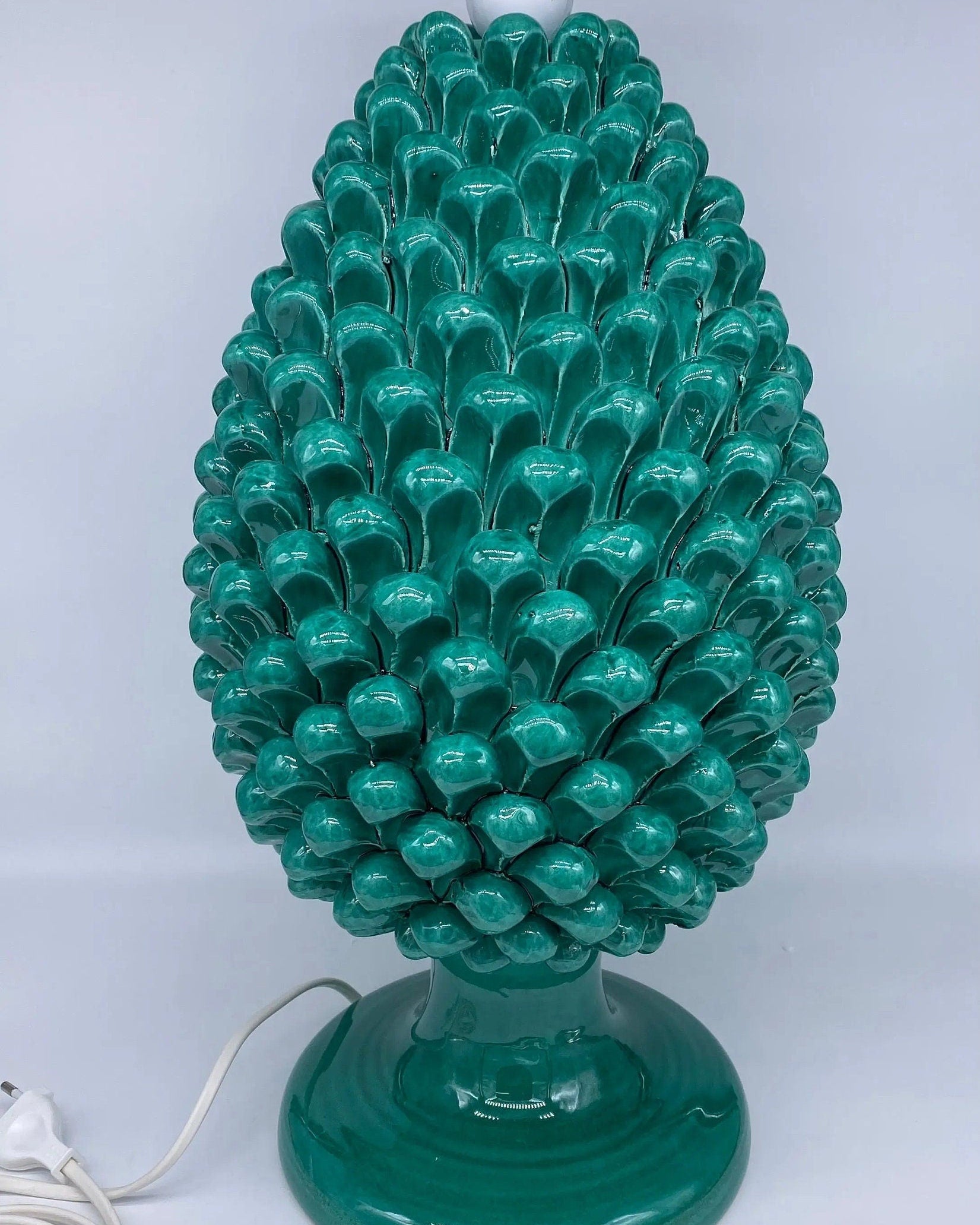 Lampada Pigna Ceramica Caltagirone cm H.40 Artigianale Verde Cristallo Base Decorata DD CERAMICHE SICILIANE