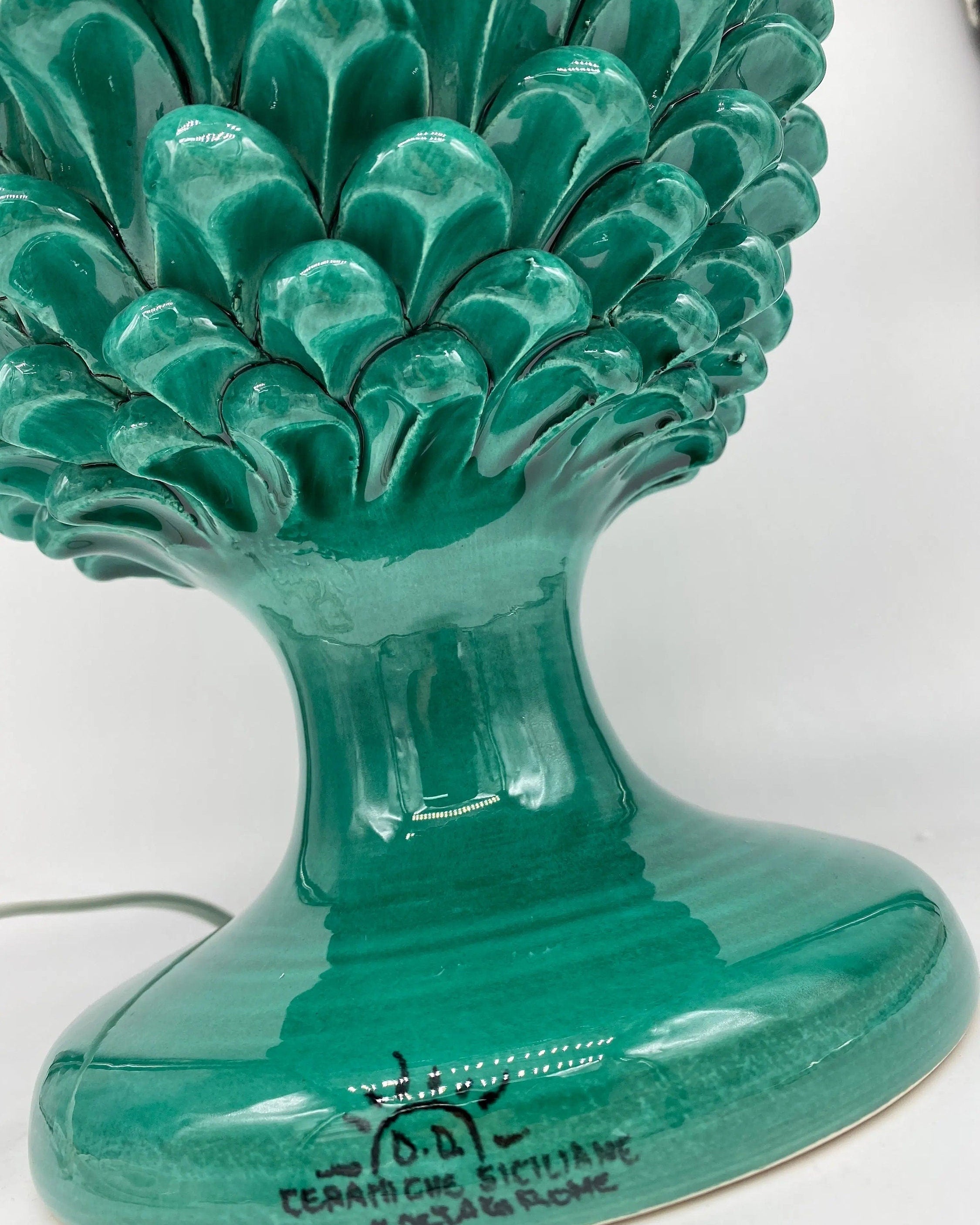 Lampada Pigna Ceramica Caltagirone cm H.40 Artigianale Verde Cristallo Base Decorata DD CERAMICHE SICILIANE
