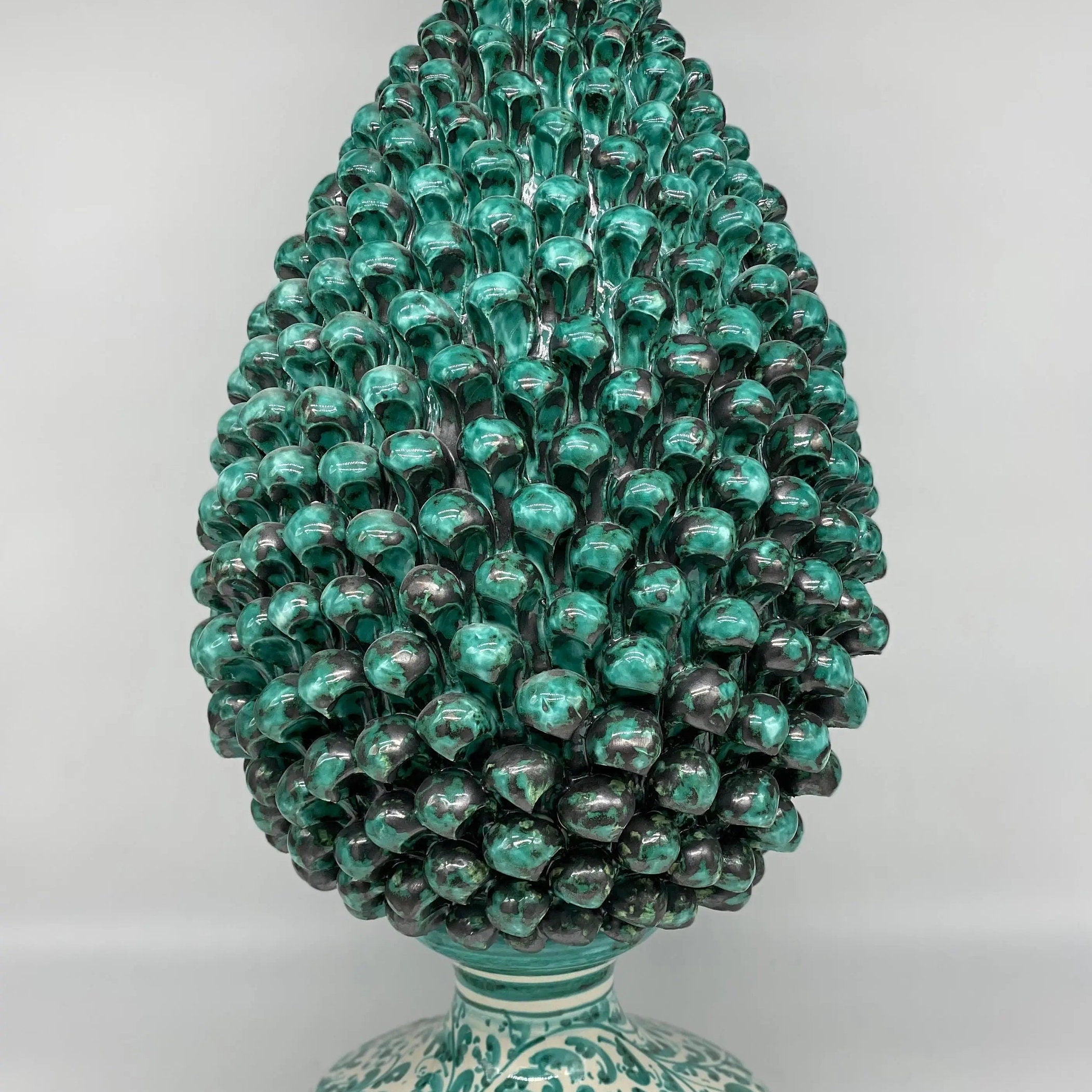 Lampada Pigna Ceramica Caltagirone cm H.45 Artigianale Verde Rame Base Decorata DD CERAMICHE SICILIANE