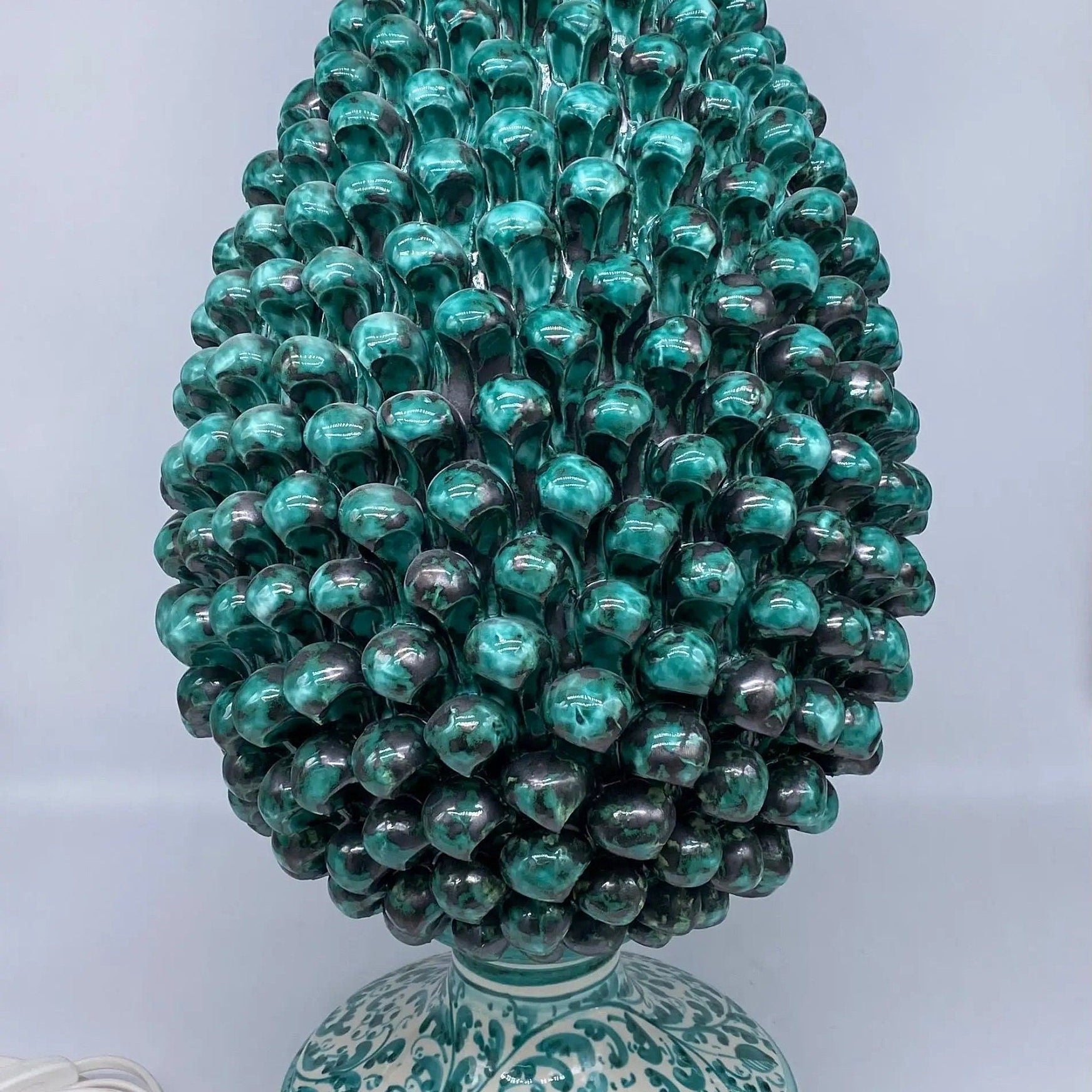 Lampada Pigna Ceramica Caltagirone cm H.45 Artigianale Verde Rame Base Decorata DD CERAMICHE SICILIANE