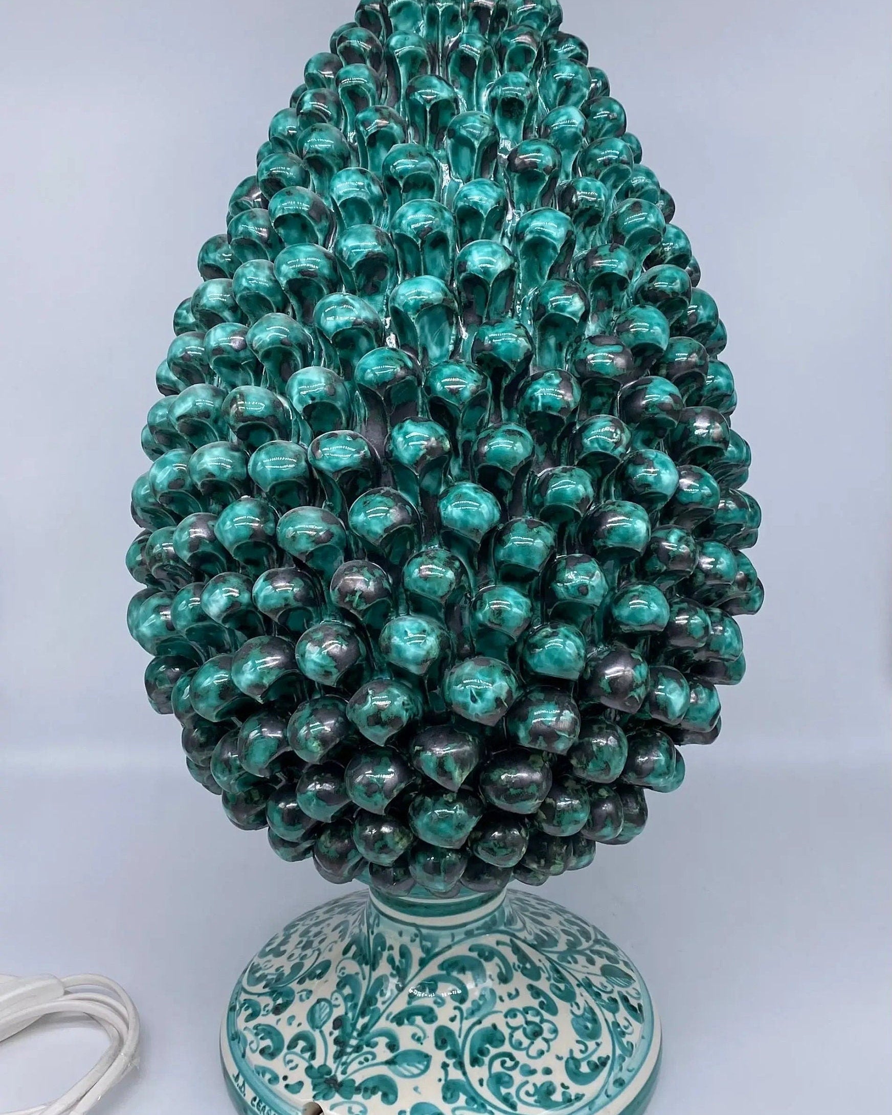 Lampada Pigna Ceramica Caltagirone cm H.45 Artigianale Verde Rame Base Decorata DD CERAMICHE SICILIANE
