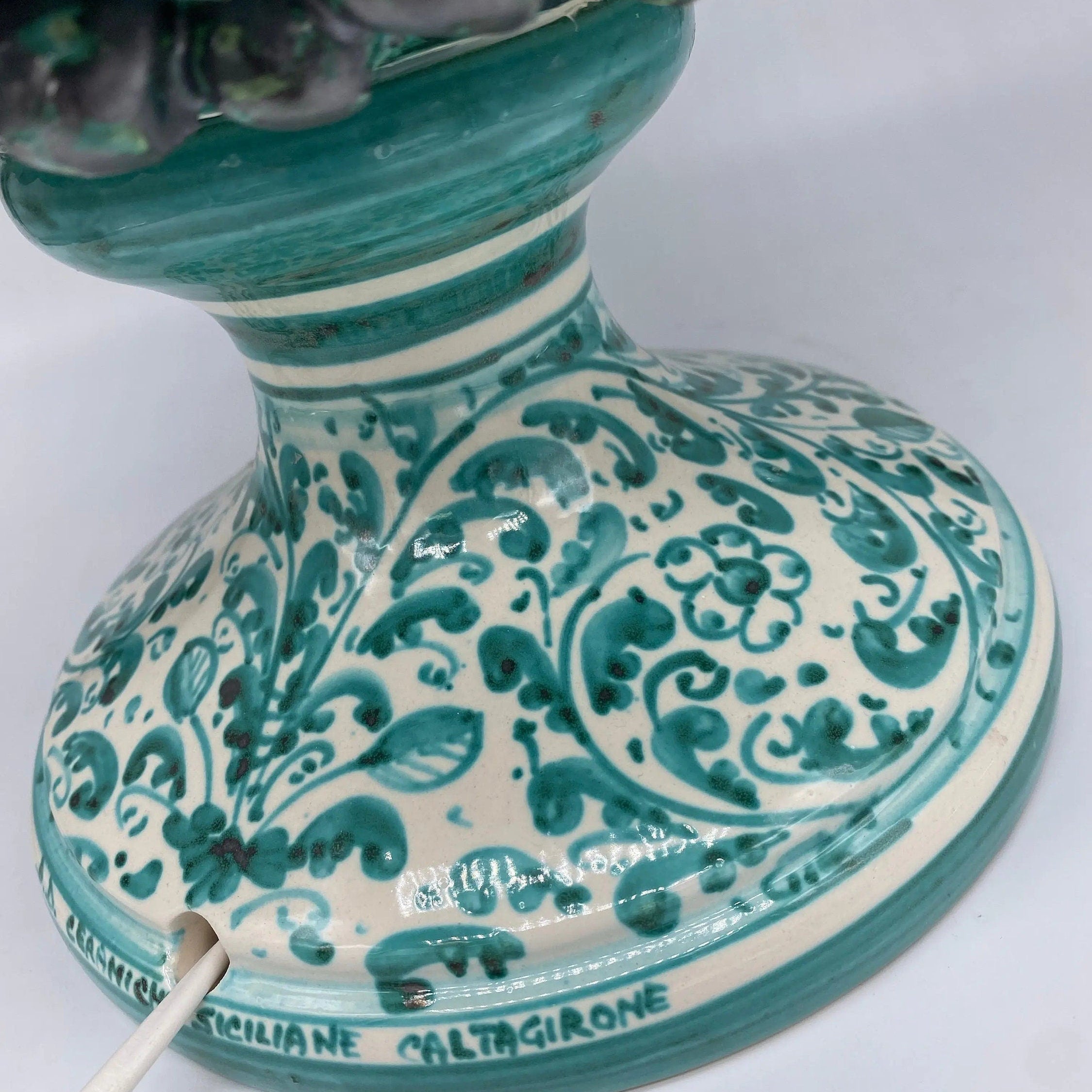 Lampada Pigna Ceramica Caltagirone cm H.45 Artigianale Verde Rame Base Decorata DD CERAMICHE SICILIANE