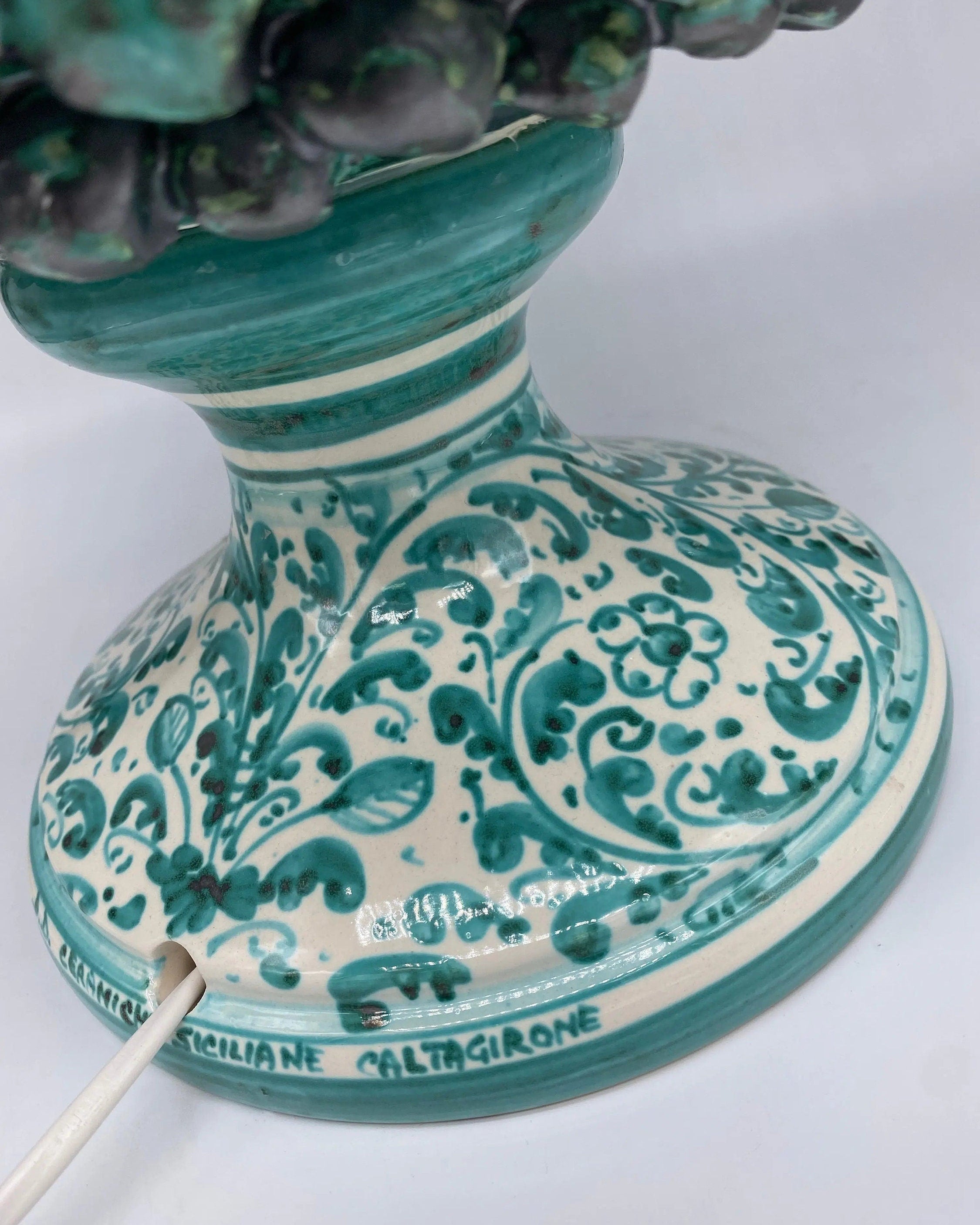 Lampada Pigna Ceramica Caltagirone cm H.45 Artigianale Verde Rame Base Decorata DD CERAMICHE SICILIANE