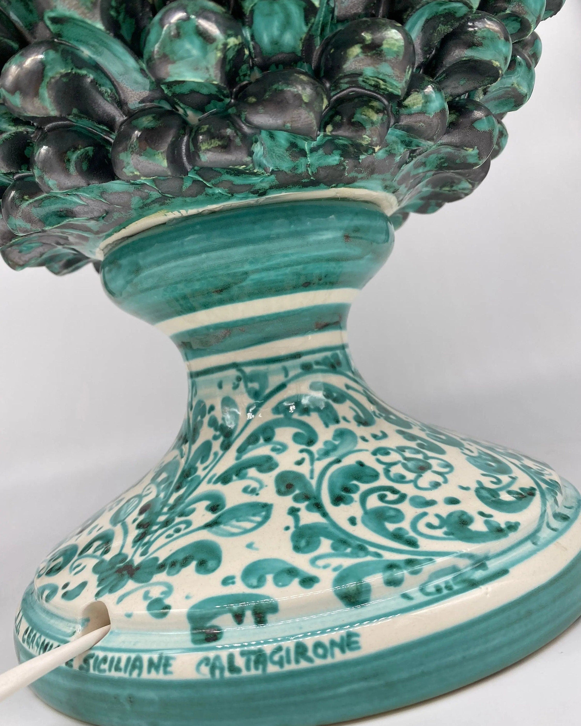 Lampada Pigna Ceramica Caltagirone cm H.45 Artigianale Verde Rame Base Decorata DD CERAMICHE SICILIANE