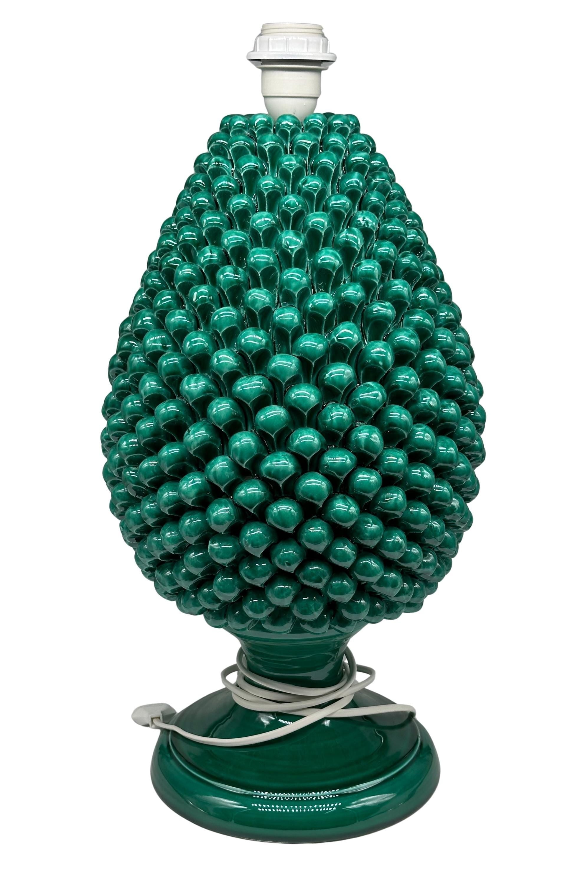 Lampada Pigna Ceramica Caltagirone cm H.50 Artigianale Verde Cristallo - LAMPADA PIGNA