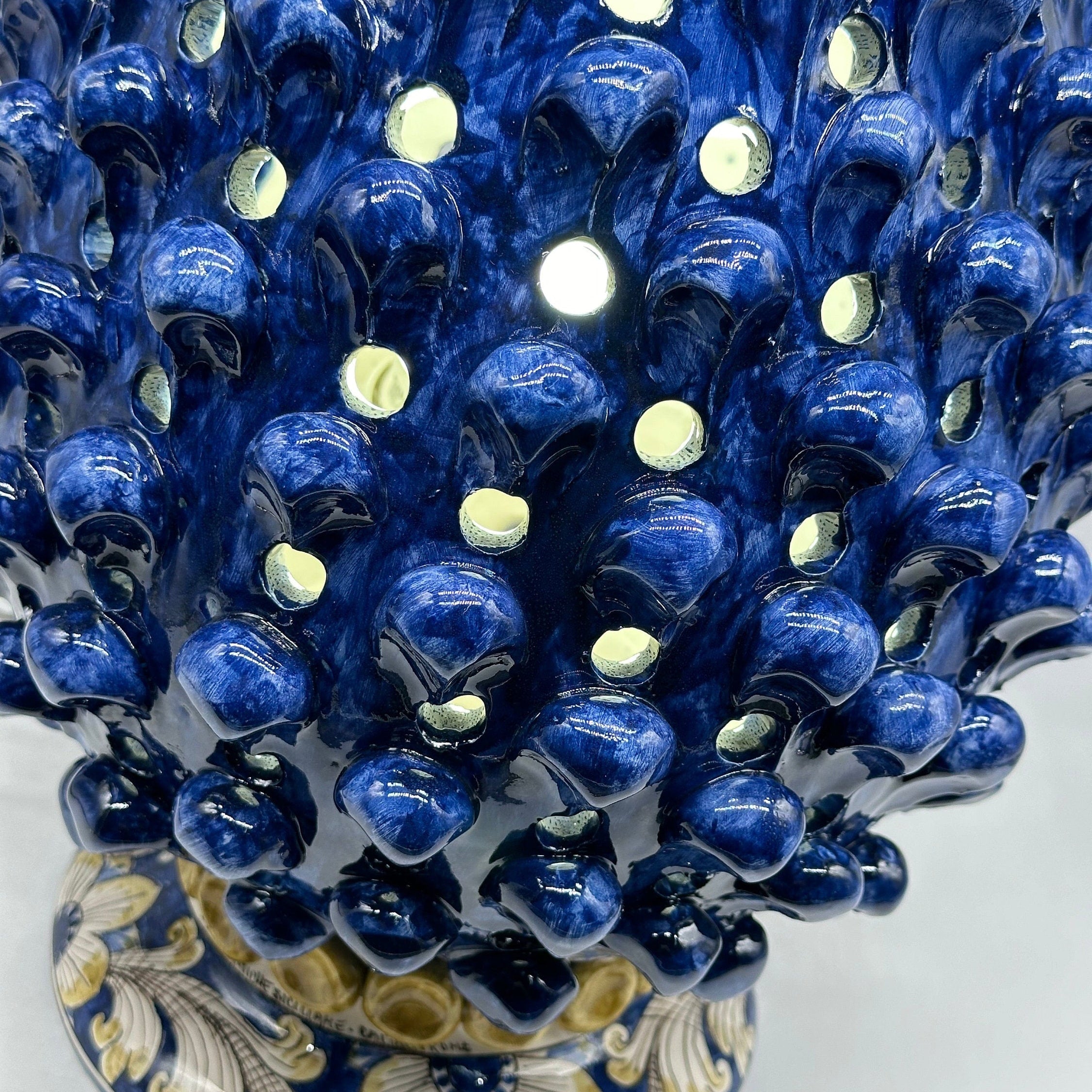 Lampada Pigna Gigante traforata Ceramica Caltagirone cm H.45 L.28 Artigianale Blu Base Decorata
