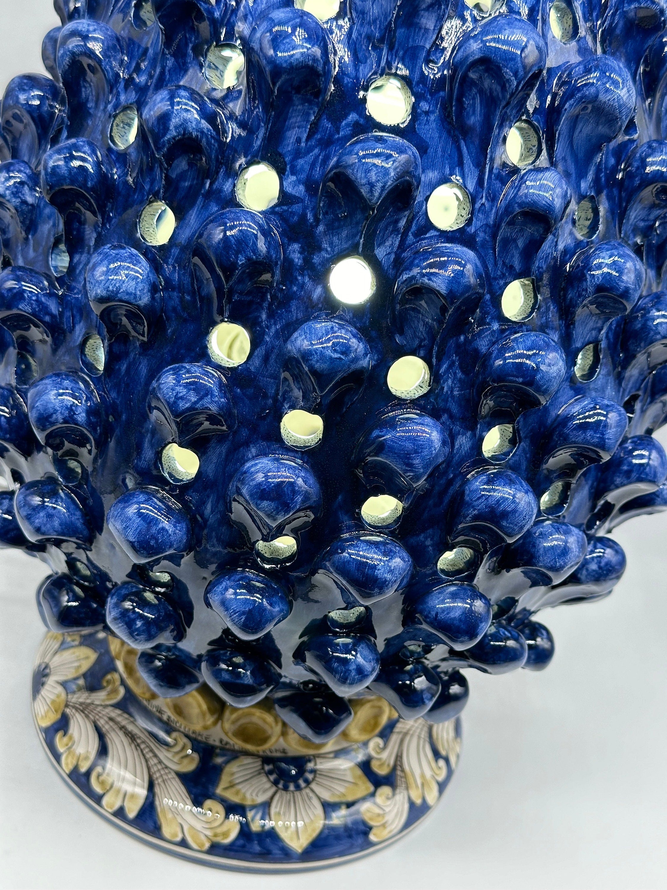 Lampada Pigna Gigante traforata Ceramica Caltagirone cm H.45 L.28 Artigianale Blu Base Decorata