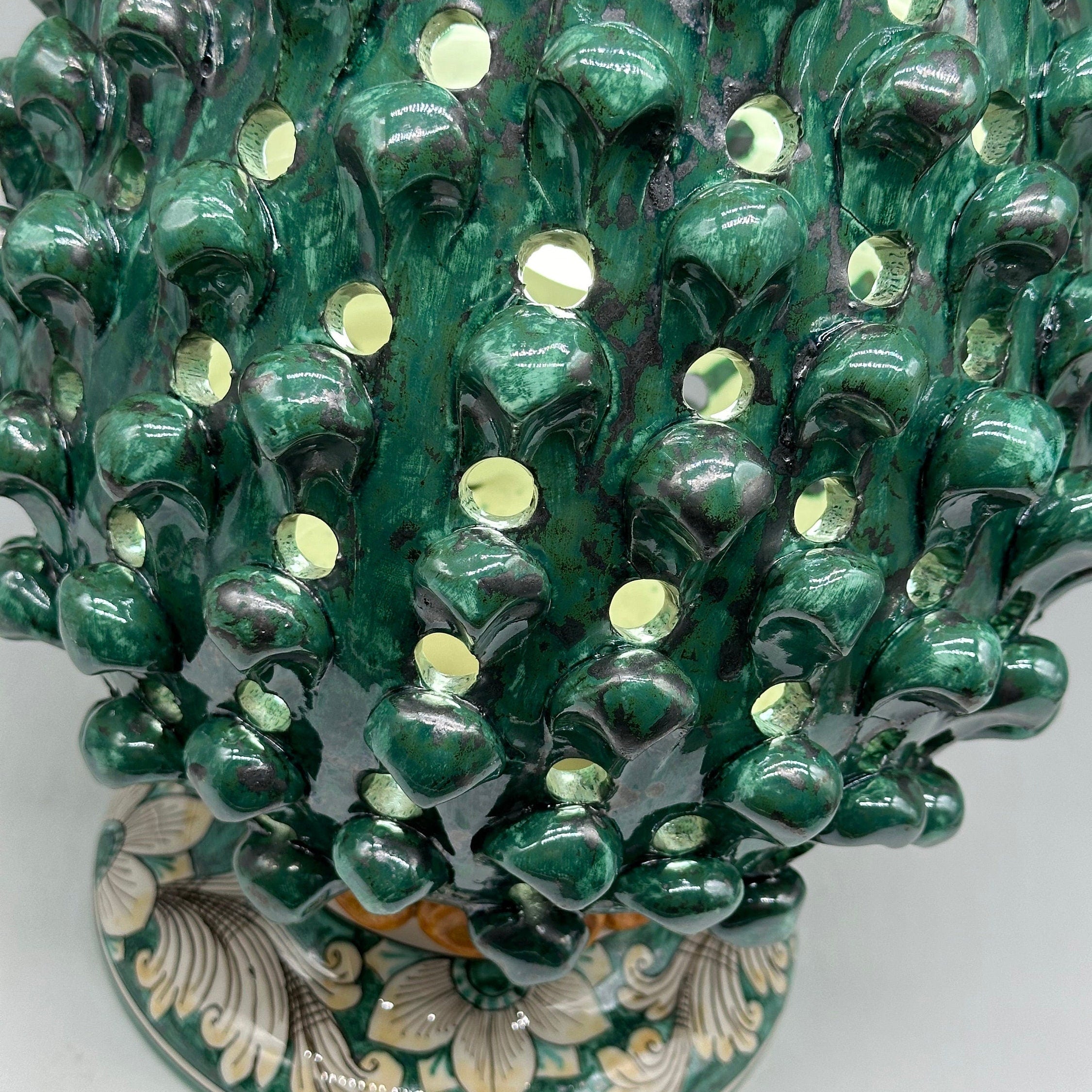 Lampada Pigna Gigante traforata Ceramica Caltagirone cm H.45 L.28 Artigianale Verde Rame Base Decorata