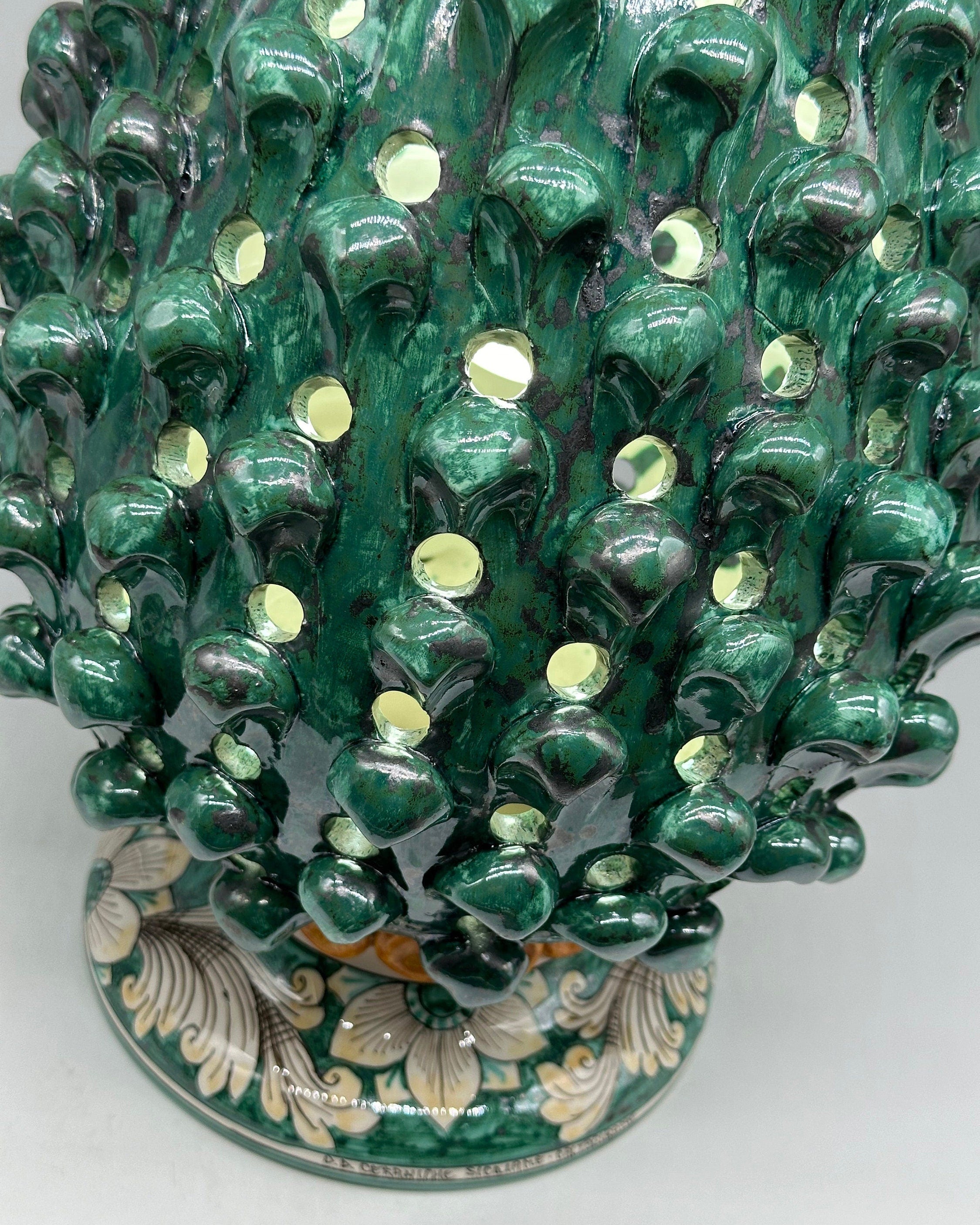 Lampada Pigna Gigante traforata Ceramica Caltagirone cm H.45 L.28 Artigianale Verde Rame Base Decorata