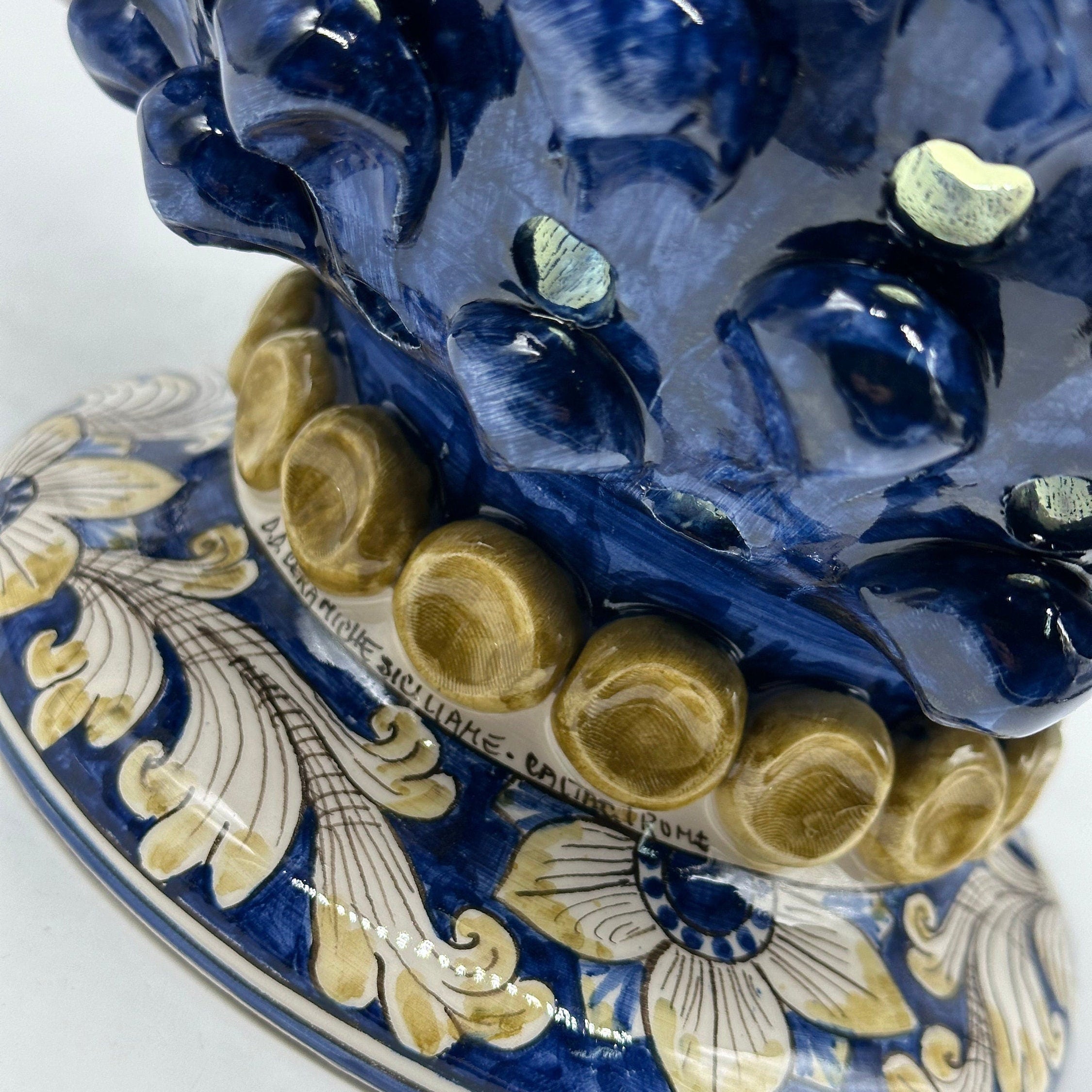 Lampada Pigna Gigante traforata Ceramica Caltagirone cm H.45 L.28 Artigianale Blu Base Decorata