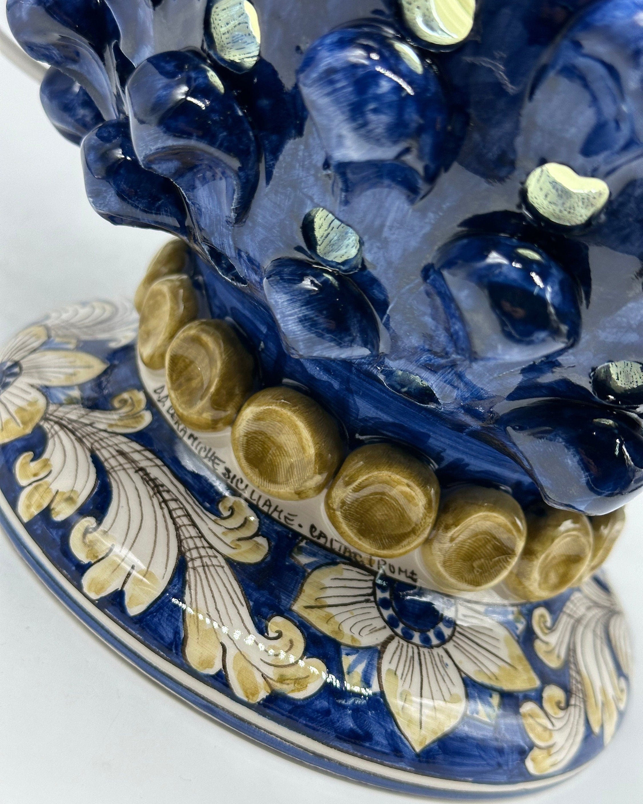 Lampada Pigna Gigante traforata Ceramica Caltagirone cm H.45 L.28 Artigianale Blu Base Decorata