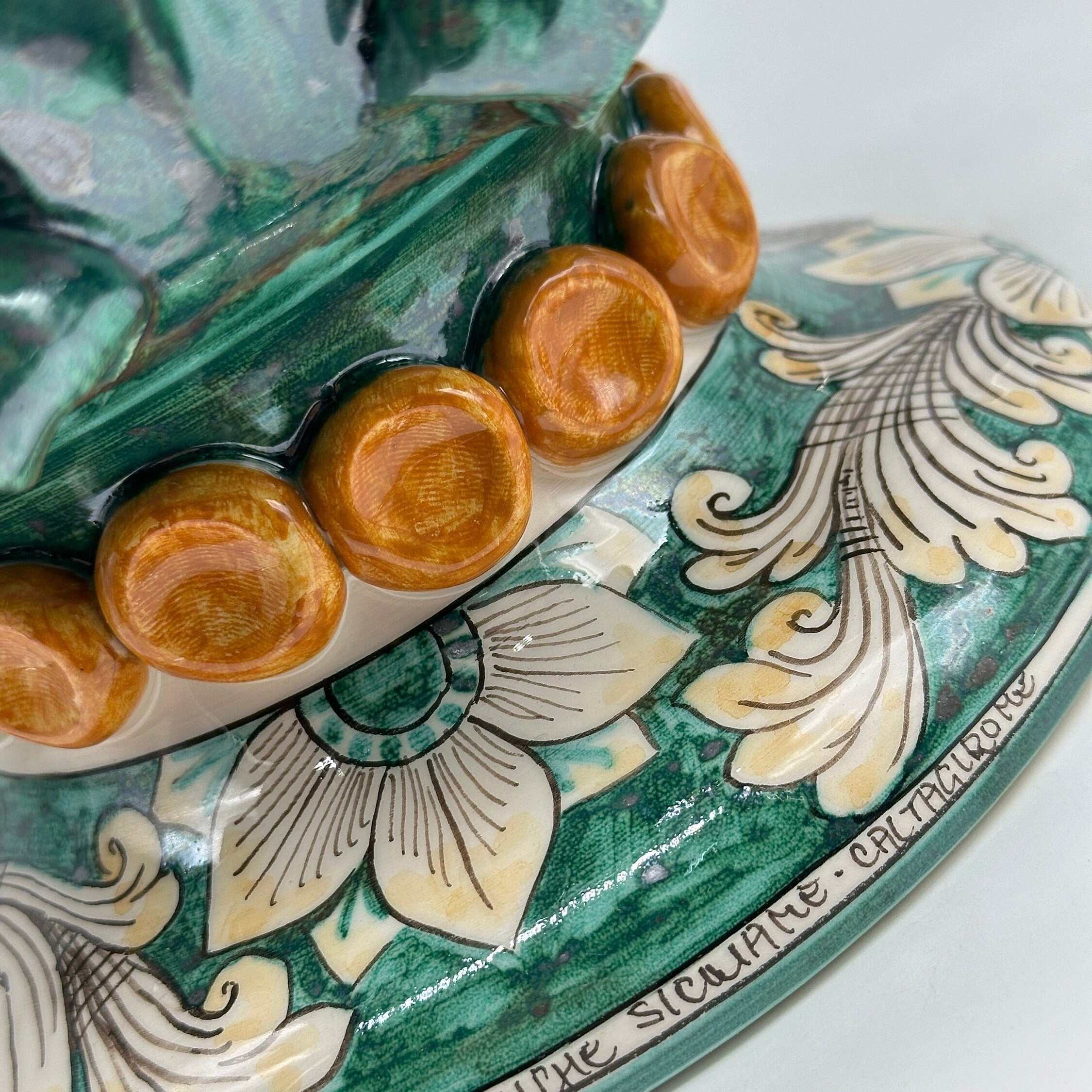 Lampada Pigna Gigante traforata Ceramica Caltagirone cm H.45 L.28 Artigianale Verde Rame Base Decorata