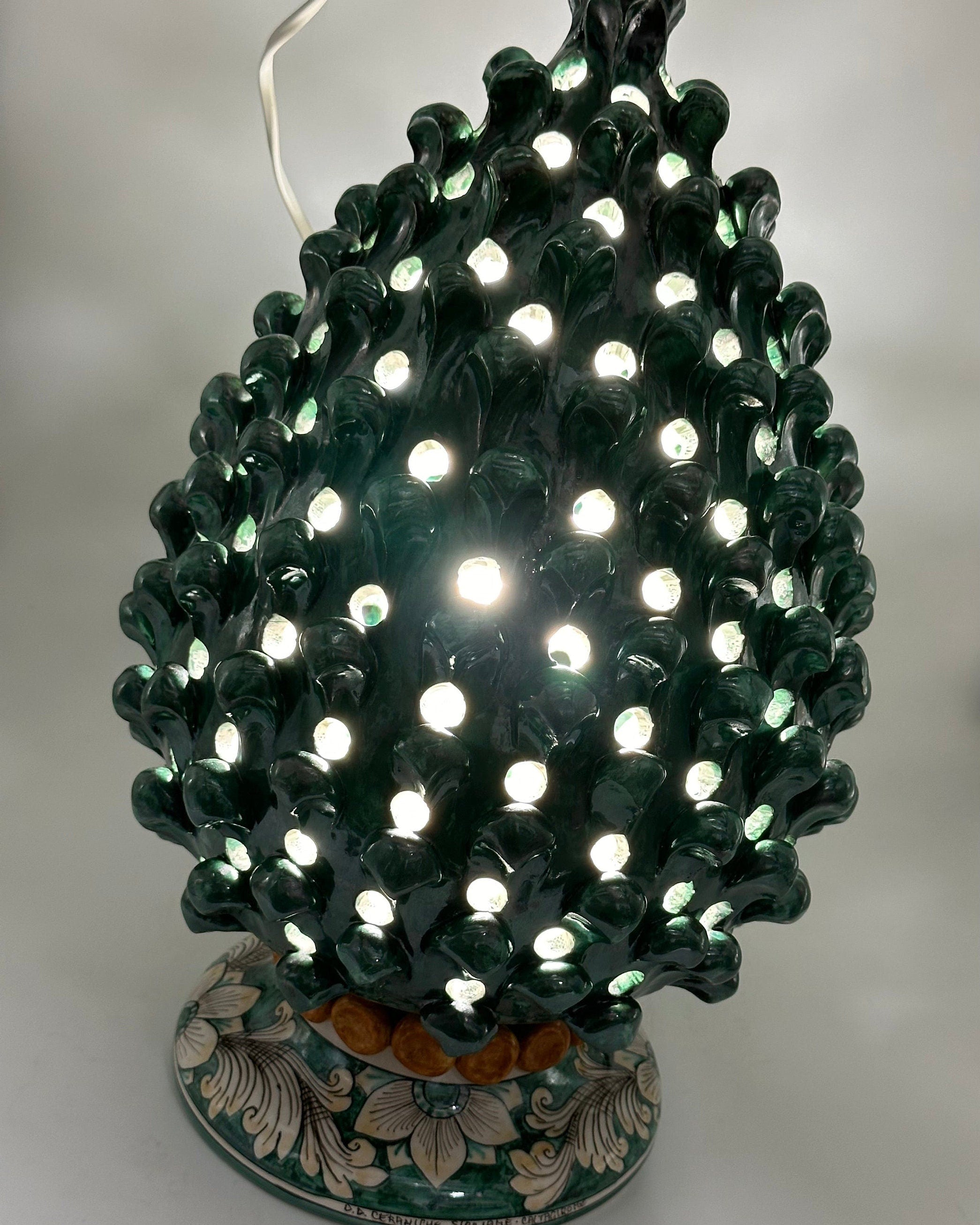 Lampada Pigna Gigante traforata Ceramica Caltagirone cm H.45 L.28 Artigianale Verde Rame Base Decorata