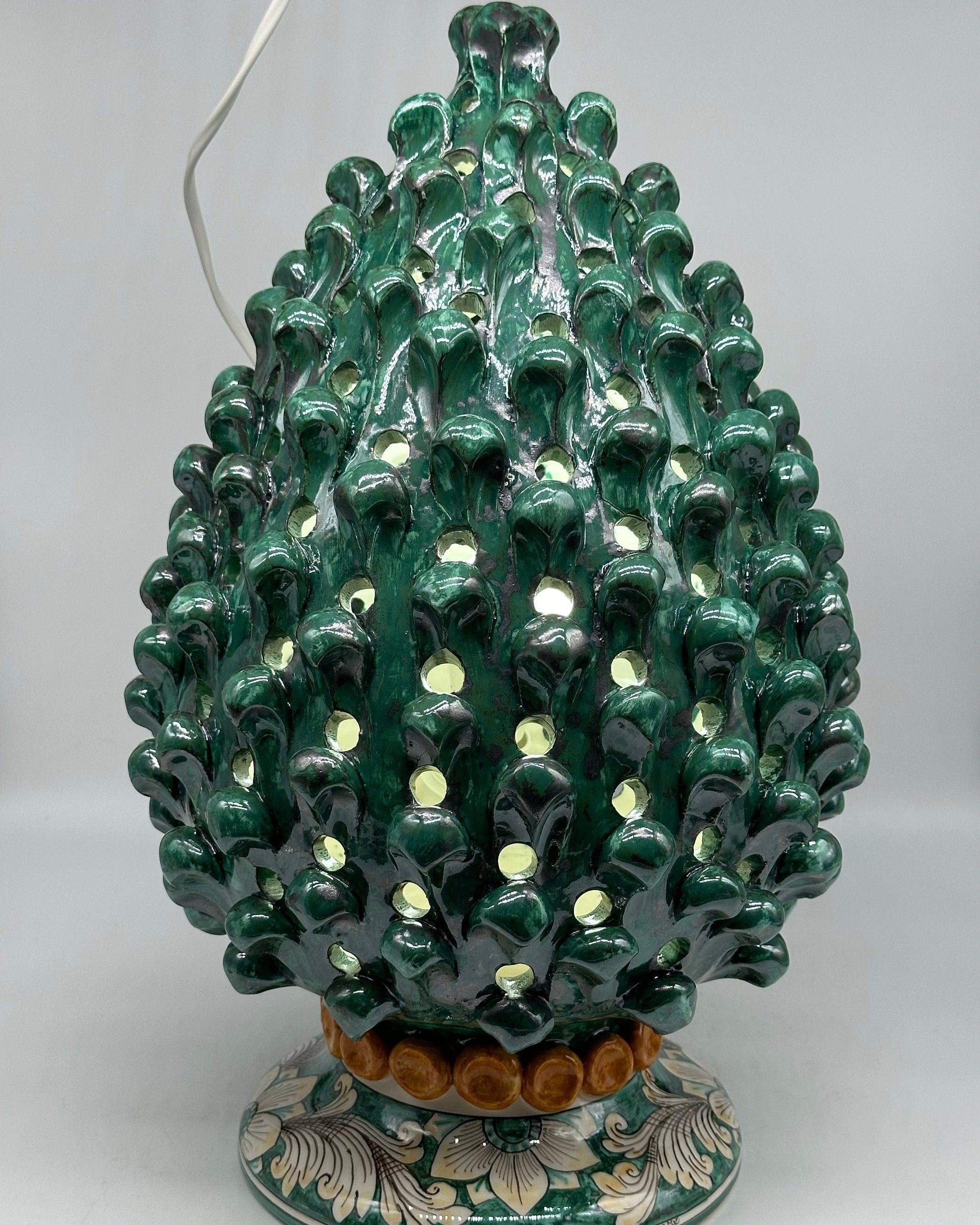 Lampada Pigna Gigante traforata Ceramica Caltagirone cm H.45 L.28 Artigianale Verde Rame Base Decorata