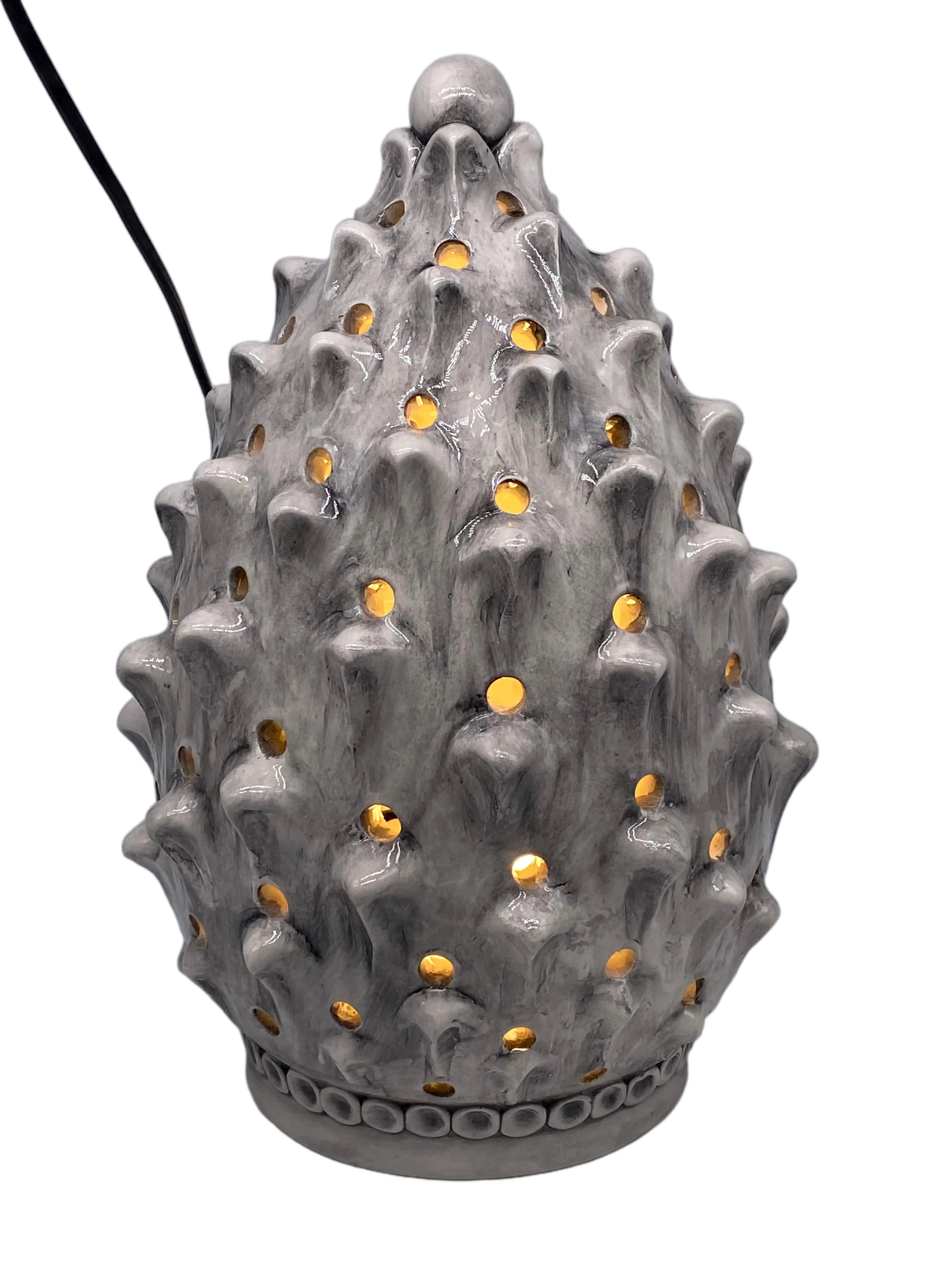 Lampada Pigna traforata Ceramica Caltagirone cm H.35 L.23 Artigianale Ghiaccio DD CERAMICHE SICILIANE